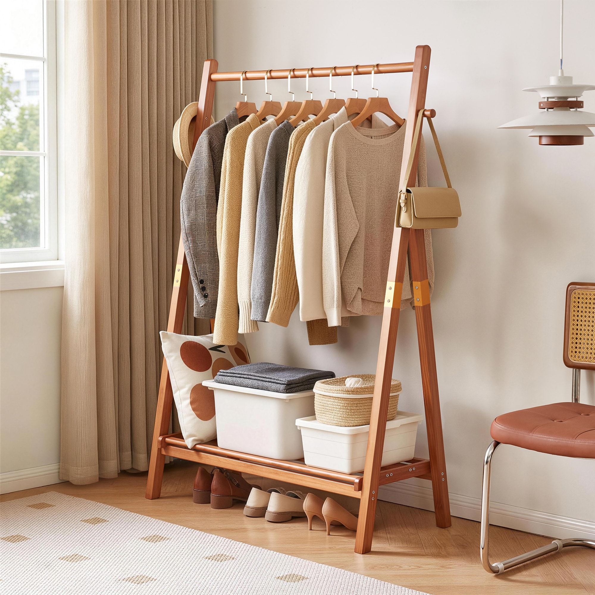 KWPZQEB 37.39-in W Solid Wood Clothing rack with Side Hooks Clothing Display Rack for Bedrooma nd Hallway -Cherry