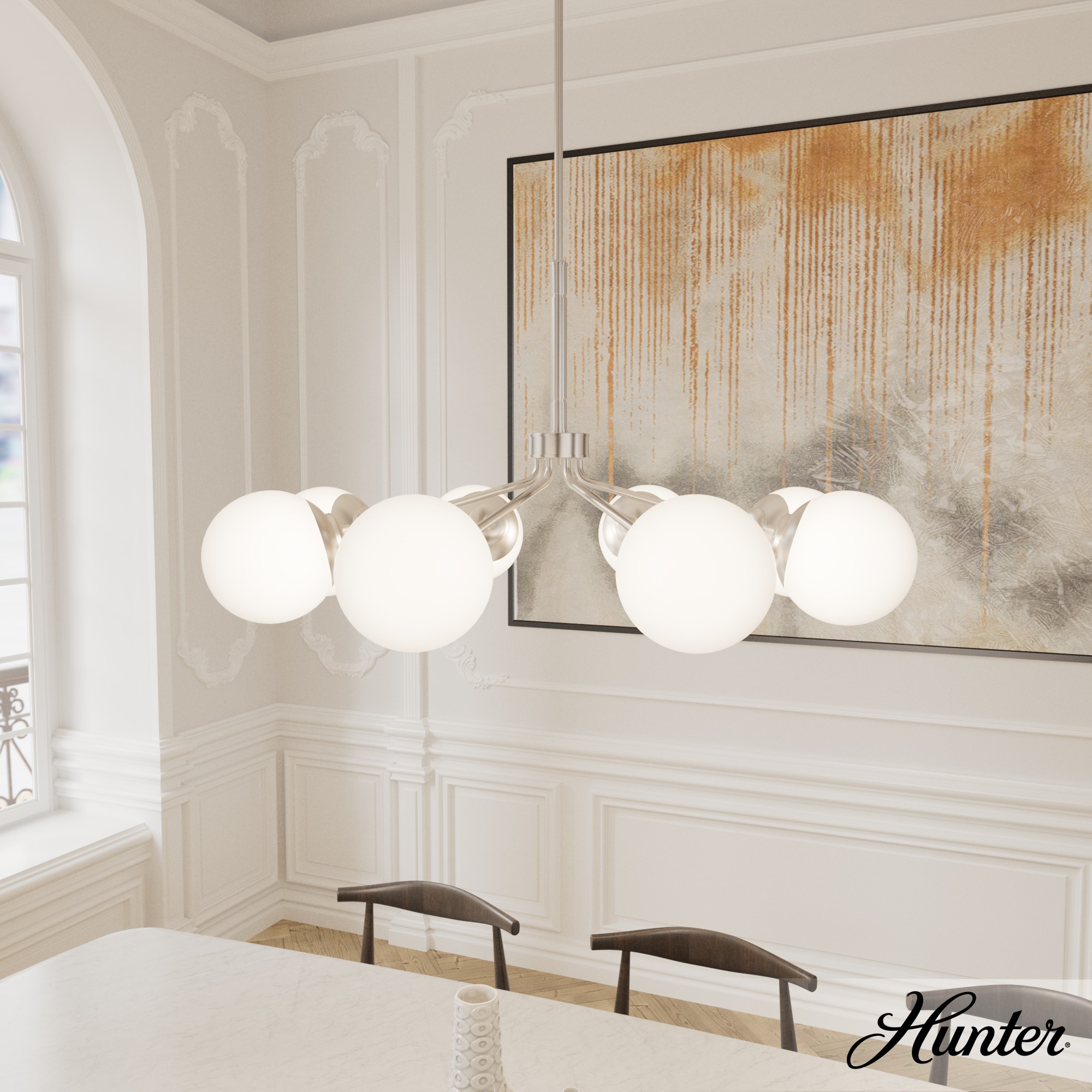 Hunter 19869 Hepburn 8 -Light Brushed Nickel Mid-century For Use in Bedrooms, Dining Rooms, Foyers, Kitchens, Living Rooms Chandelier