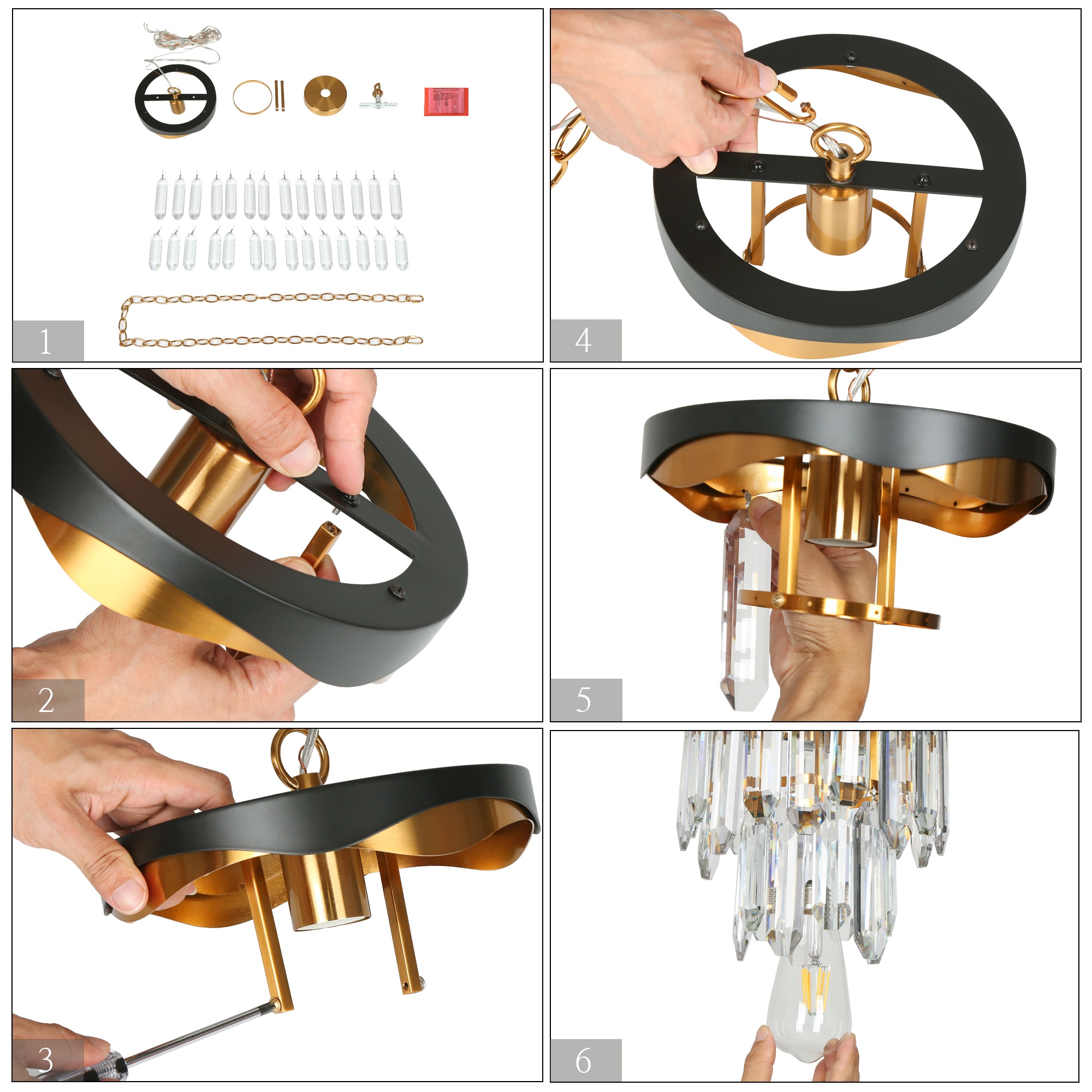 Mini Matte Black and Gold Crystal Drum Pendant Light