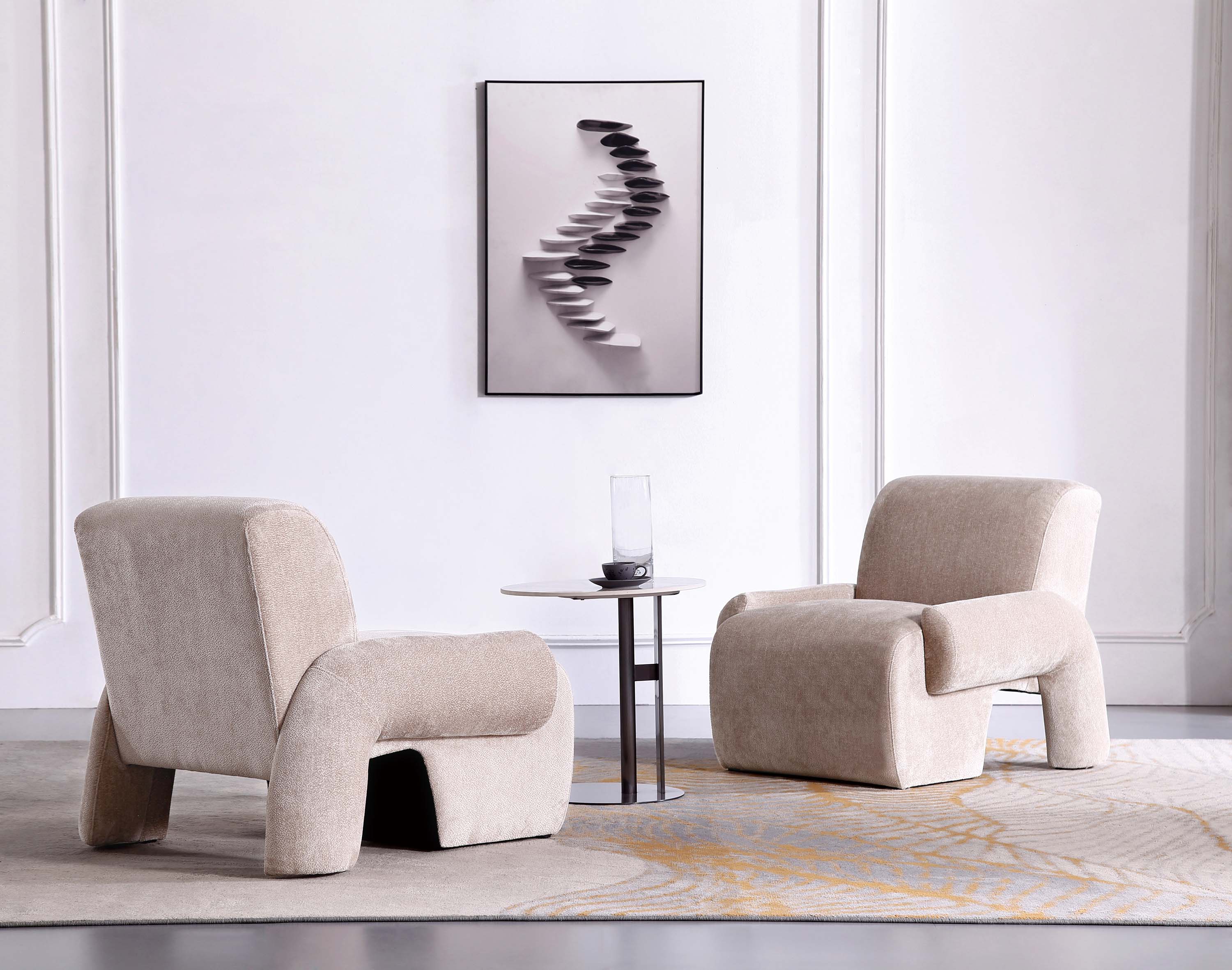 Beige Chenille Upholstered Accent Chairs with Pine Wood Base, Set of 2