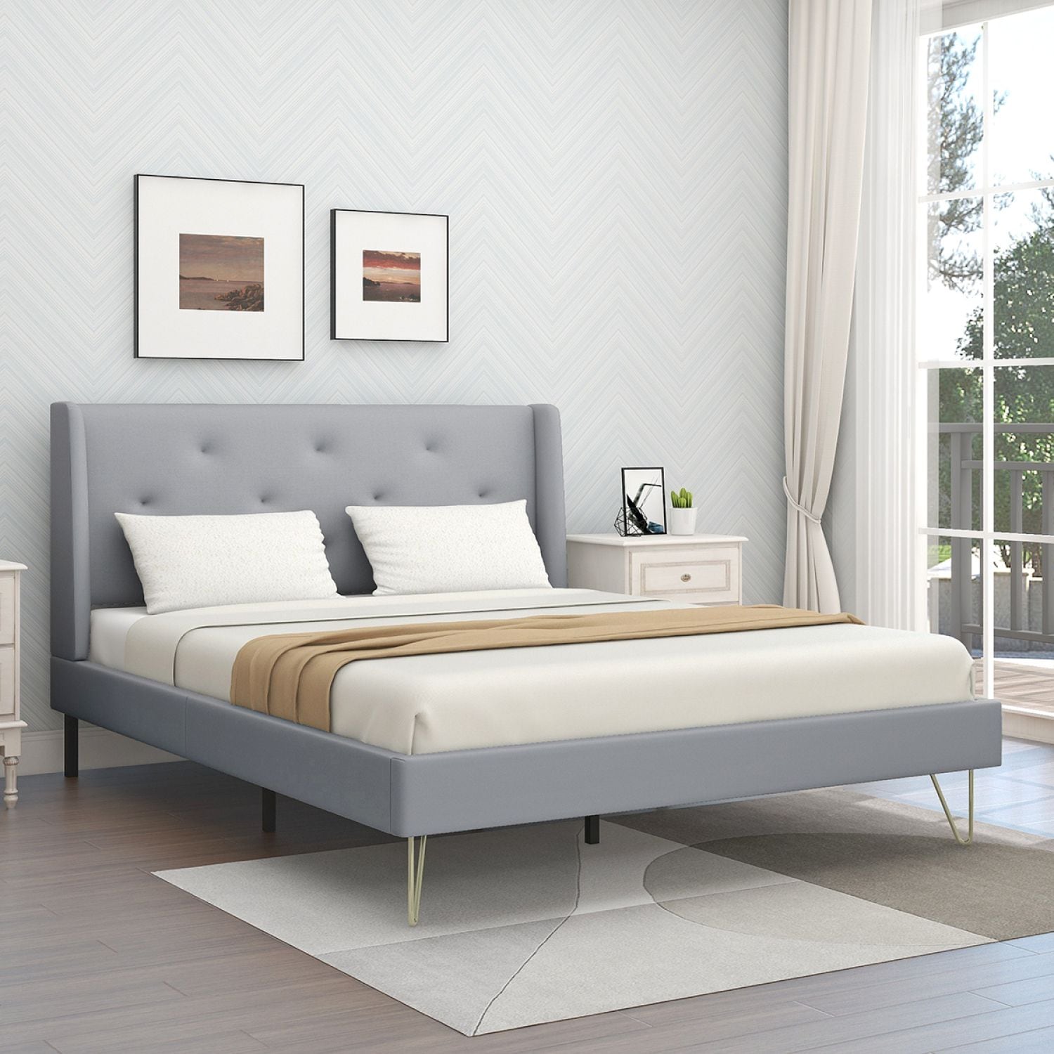 JASMODER W131662891 Light Gray Queen Composite Platform Bed
