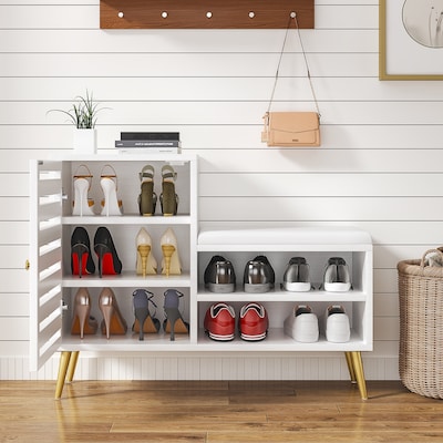 Vecelo White L Shaped Shoe Cabinet with Bench Entryway Shoe Storage Bench with Doors and Open Shelves Padded Seat