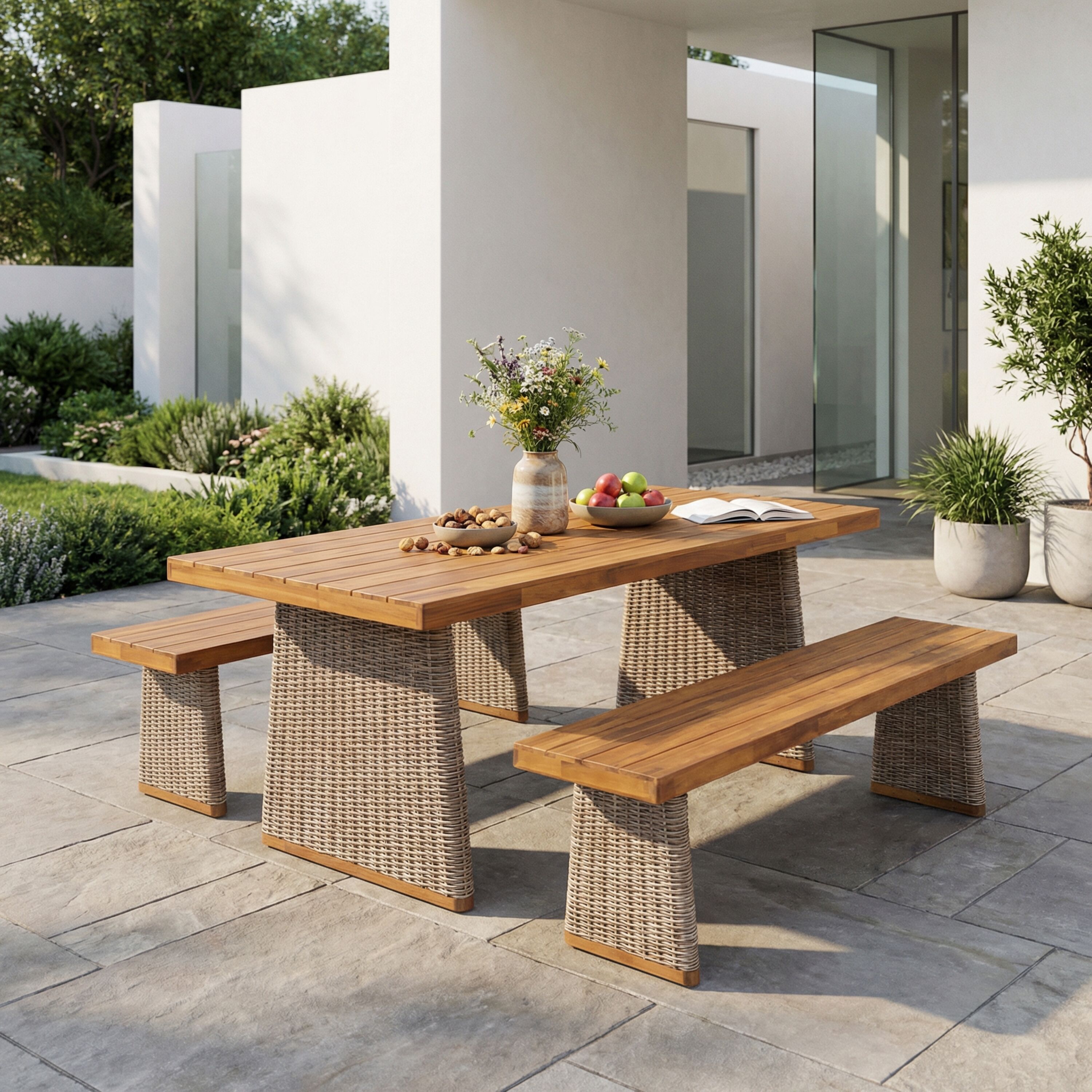 AAZJ - Patio Dining Sets 3 -Piece Brown,Teak Rattan Patio Dining Set Wood Rectangle Table with 2 ...
