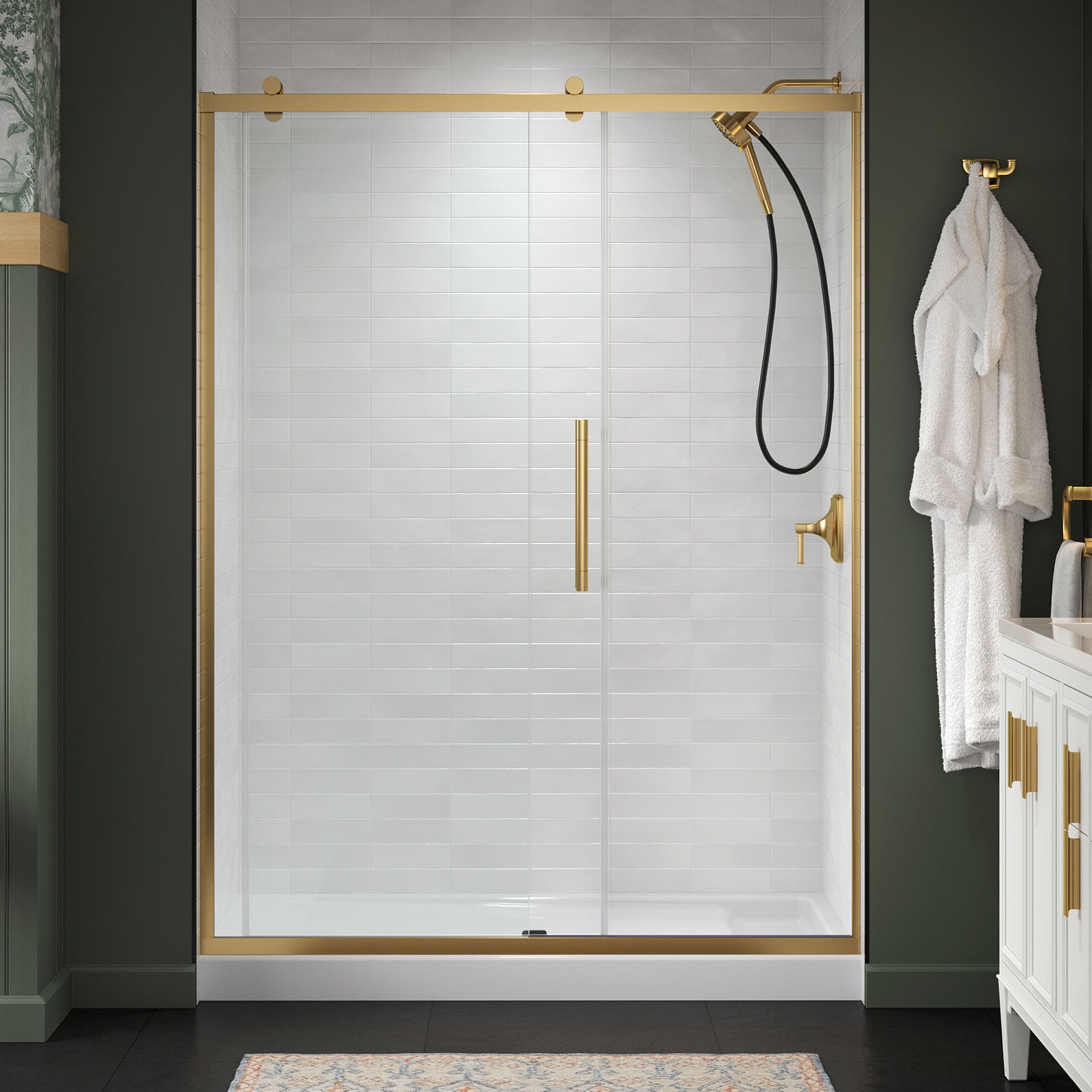 KOHLER 702471-8L-2MB Premise Vibrant Brushed Moderne Brass 56-in to 60-in W x 76.13-in H Frameless Bypass Sliding Soft Close Shower door 5/16-in Thick Clear Glass
