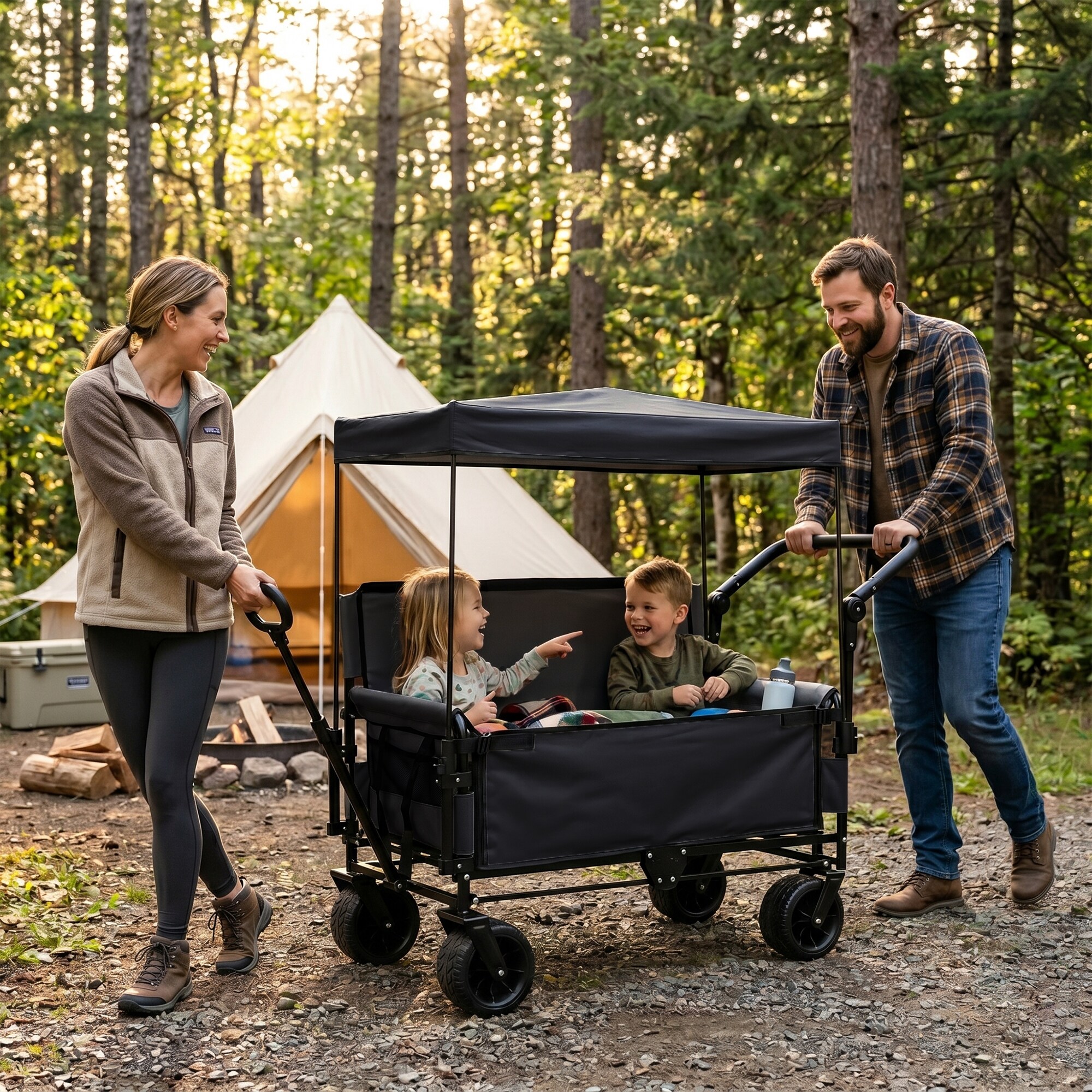Boho Havens 3 in 1 Folding Wagon Cart with Bench Seat Canopy