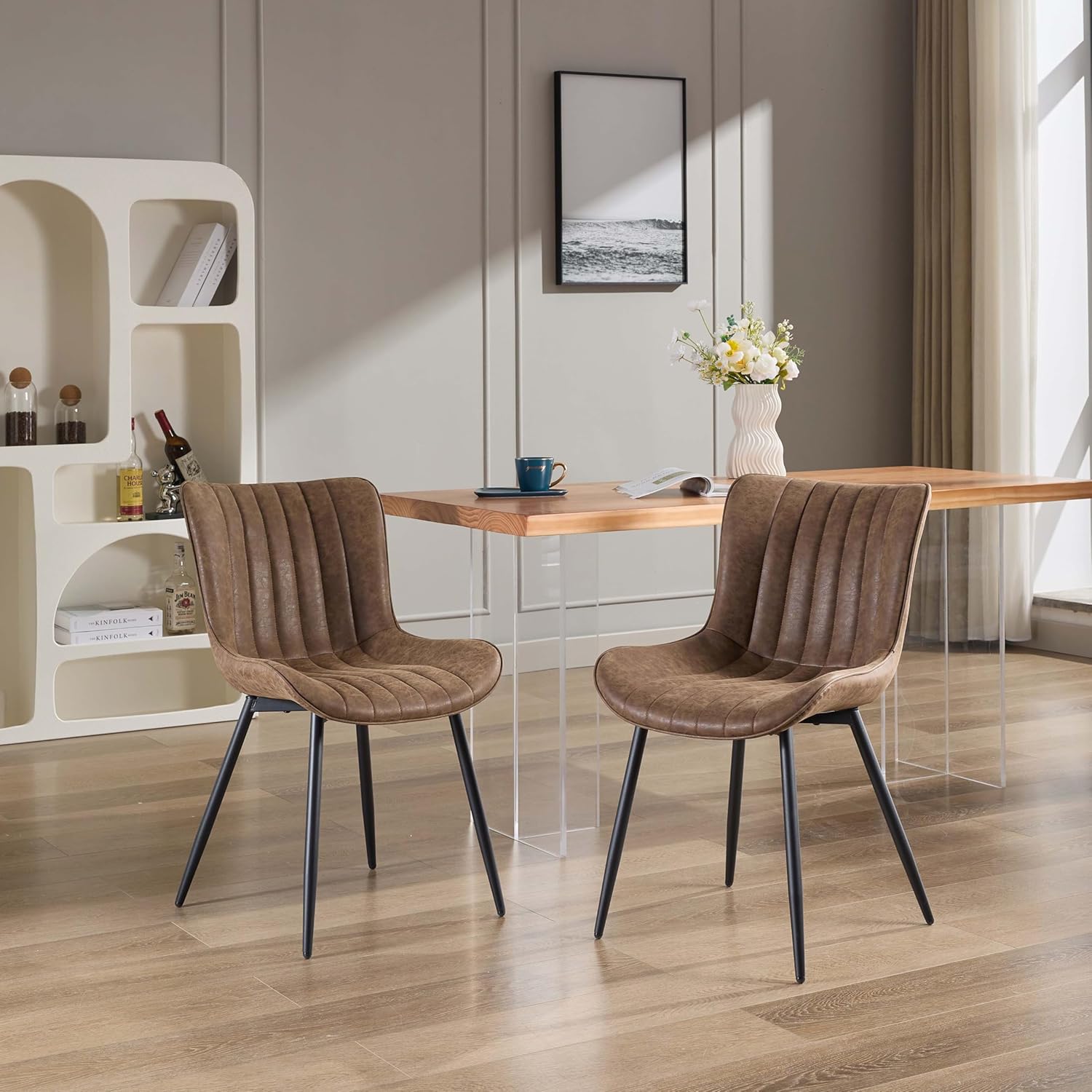 Qeetex PHO-13VI13KG-HNN Set of 2 Brown Faux Leather Dining Chairs with Metal Legs and Comfy Backrest for Dining Room