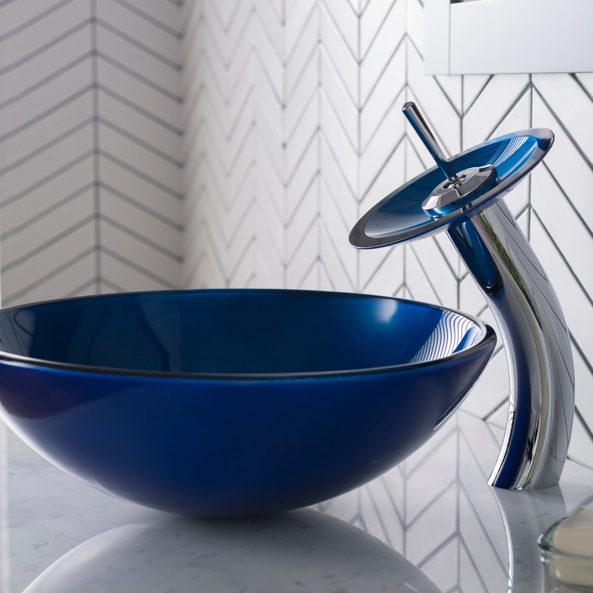 Blue Glass Circular Vessel Sink with Chrome Faucet