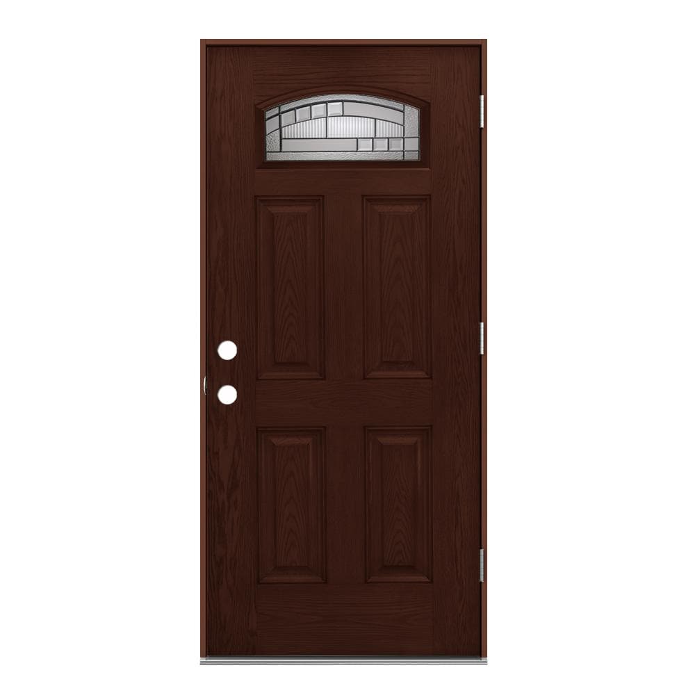 JELD-WEN LOWOLJW232300019 36-in x 80-in x 4-9/16-in Fiberglass 1/4 lite Left-hand outswing Coffee Bean Stained Prehung Front Door Insulating core