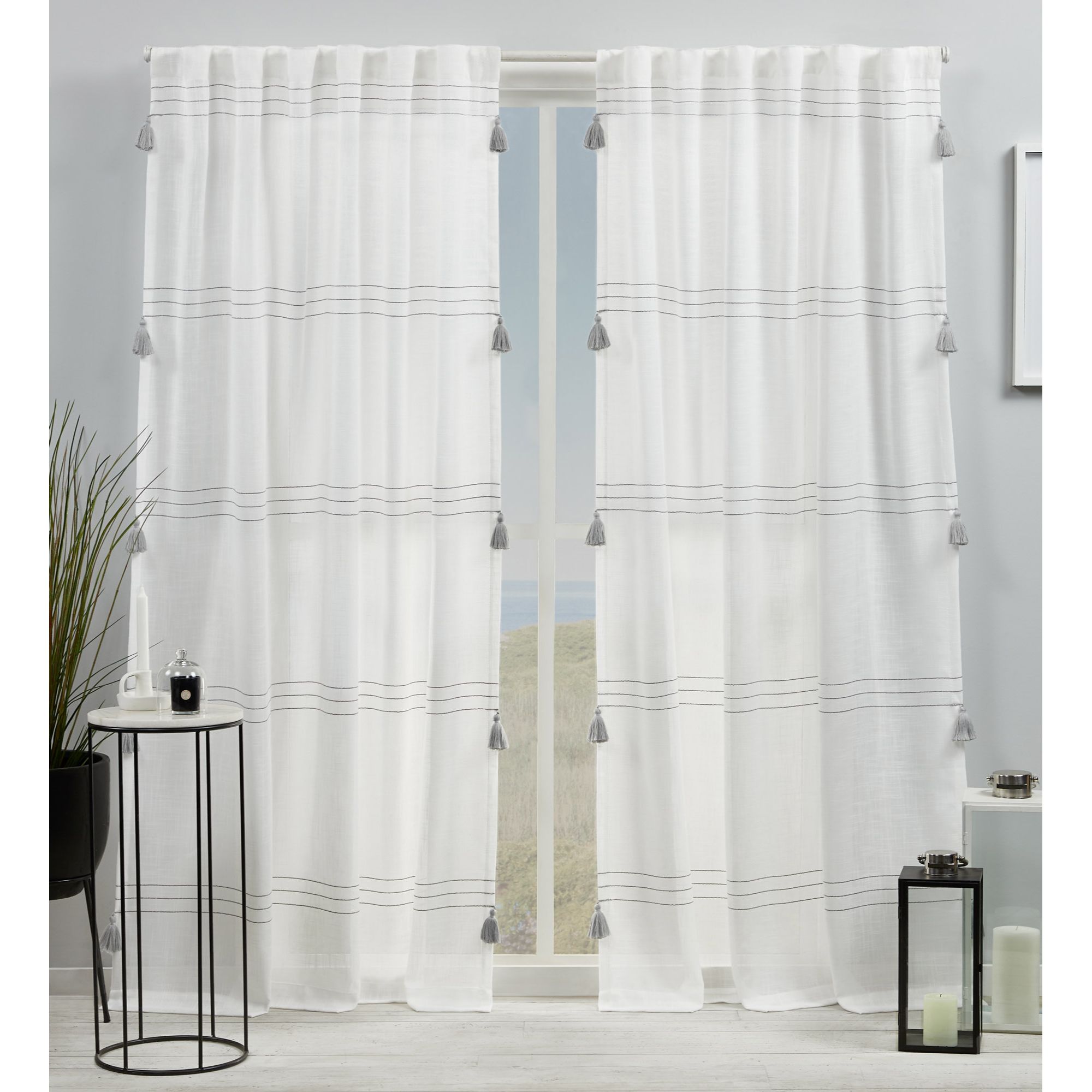 Exclusive Home YC013561DSEHF1 A421 108-in Grey Striped Light filtering Back tab Curtain panel pair