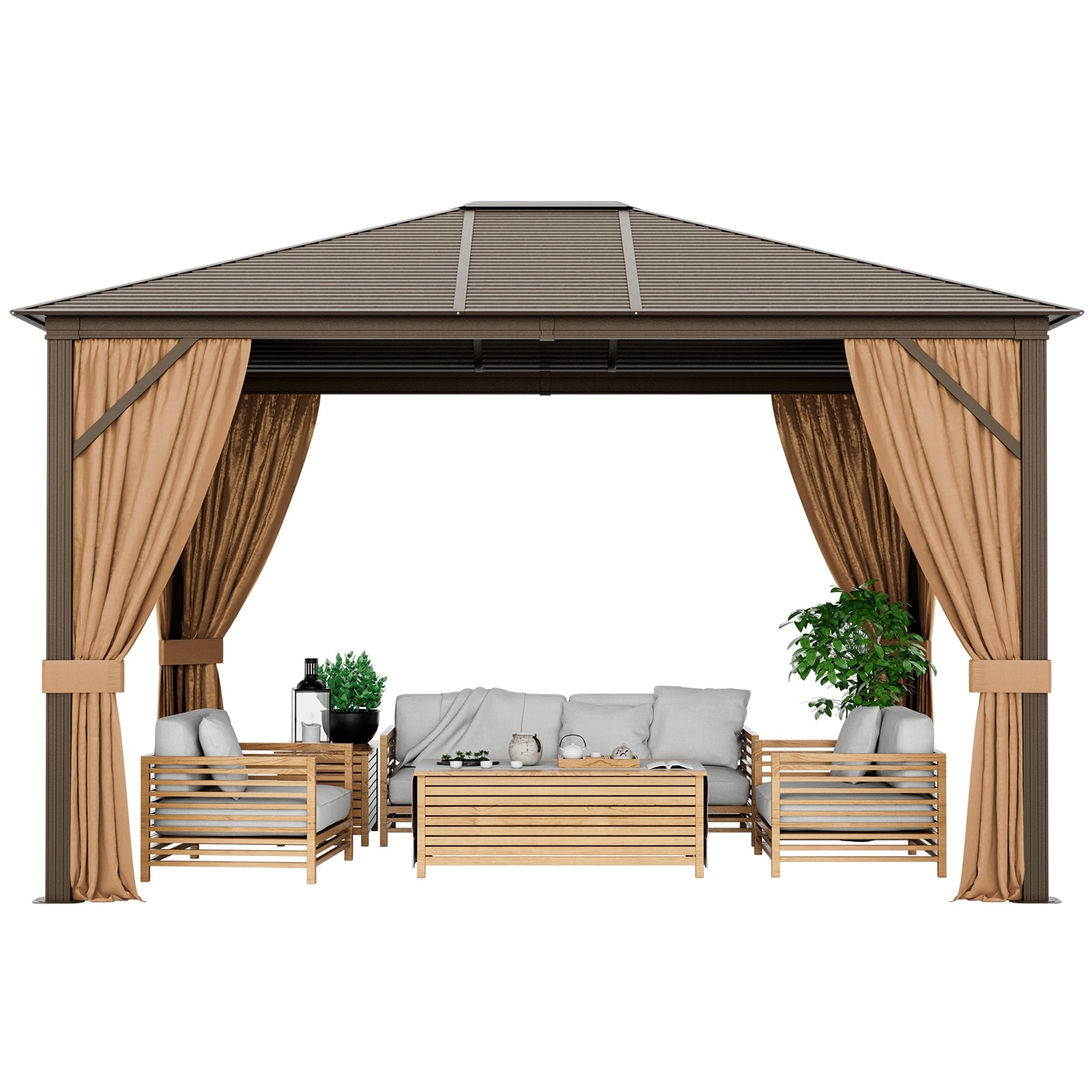 WELLFOR TDG10590GR+ 12-ft x 10-ft Gazebo Brown Gazebo with Hardtop Roof (Screen Included)