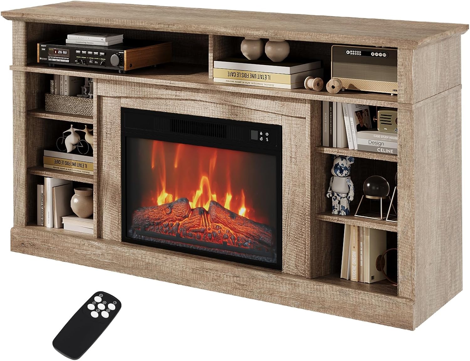 Qeetex DBL-PHK-337QJ8P3 58 Inch Electric Fireplace TV Stand For TV Up To 65 Remote Adjustable Heater 400 Sq Ft Realistic LED Flame Storage Cabinets Modern Freestanding Design