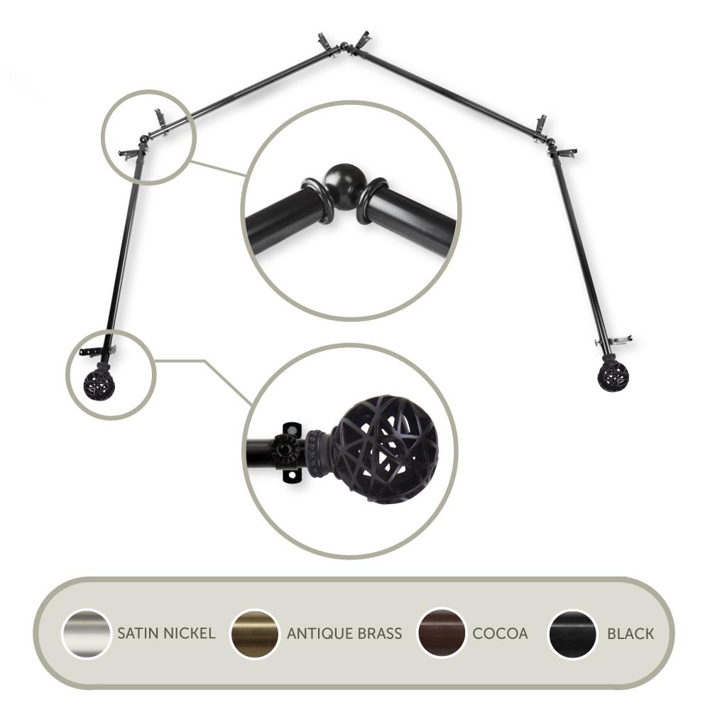 Hart & Harlow L4BAY-88-2 13/16-in Teagan 4-Sided 28-in to 48-in Black Steel Bay window curtain rod with Finials