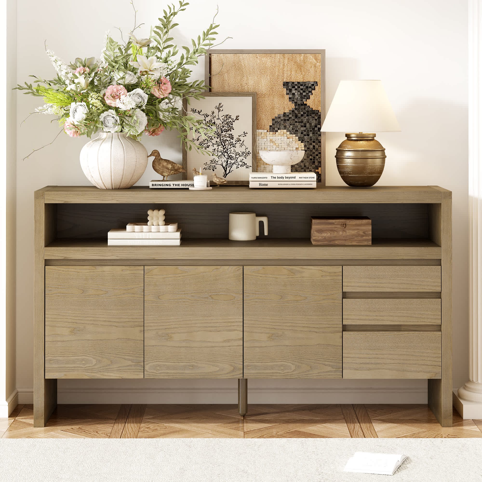 JUJABU ZJSIDEBOARD-5 Natural 60In 3-Door Sideboard with 3 Drawers Modern Solid Ash Veneer MDF Sideboard in Back Panel Large Storage Cabinet for Living Room Hallway Dining