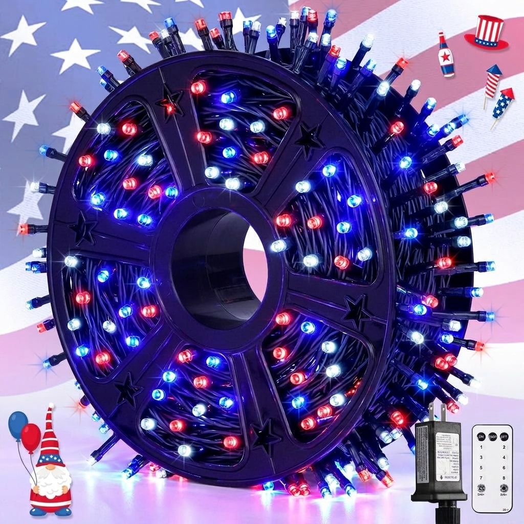 Vrbgify  500 LED Red White Blue String Lights 173ft 8 Modes Waterproof Plug in Patriotic Outdoor Decor for 4th of July Memorial Day