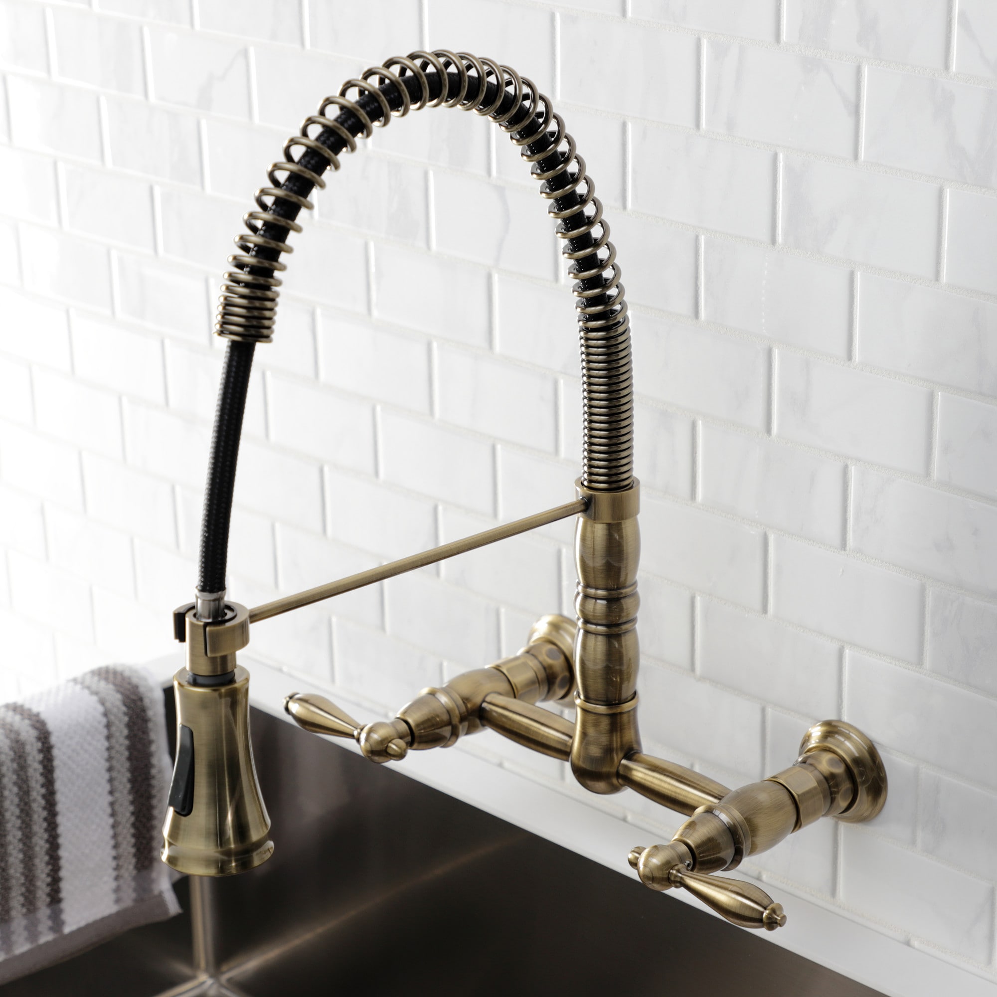 Kingston Brass WLGS1243AL Antique Brass Double Handle Wall-mount Pull-down Kitchen Faucet