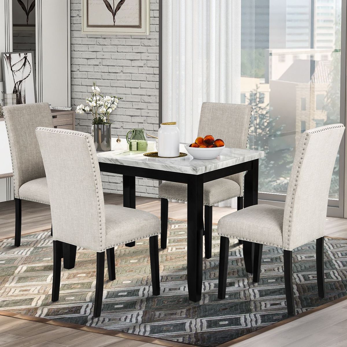 JASMODER ST000040AAK Faux Marble 5-Piece Dining Set Table With 4 Thicken Cushion Dining Chairs Home Furniture, White/Beige