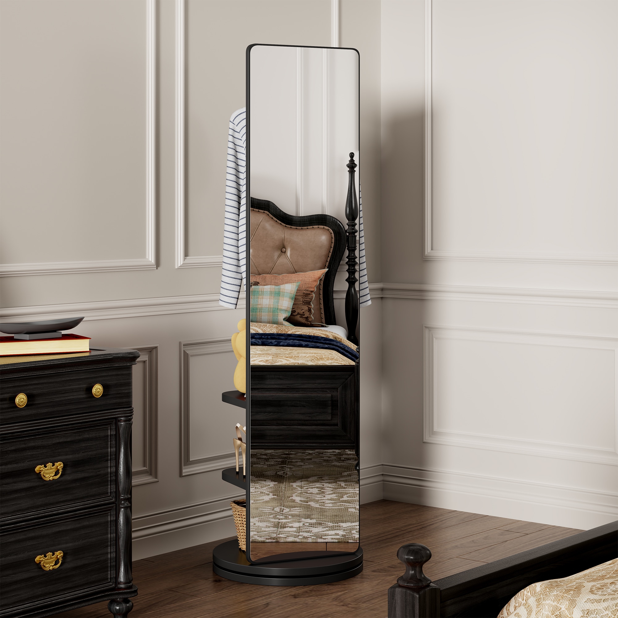 Wooakway Black Swivel 66x17.8 in Multifunctional Full Length Mirror with Hook Storage Rack Coat Rack Solid Wood Floor Mirror for Bedroom Living Room Cloakroom Space Saving