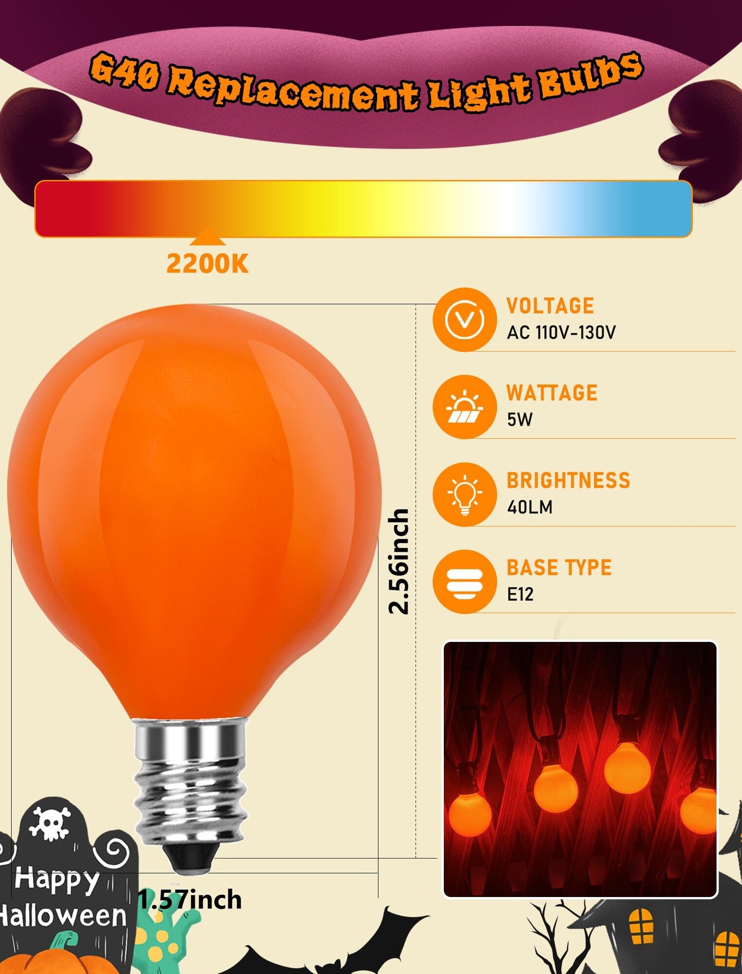 Vrbgify G40 Orange Globe Light Bulbs 5W Incandescent Glass for Indoor ...