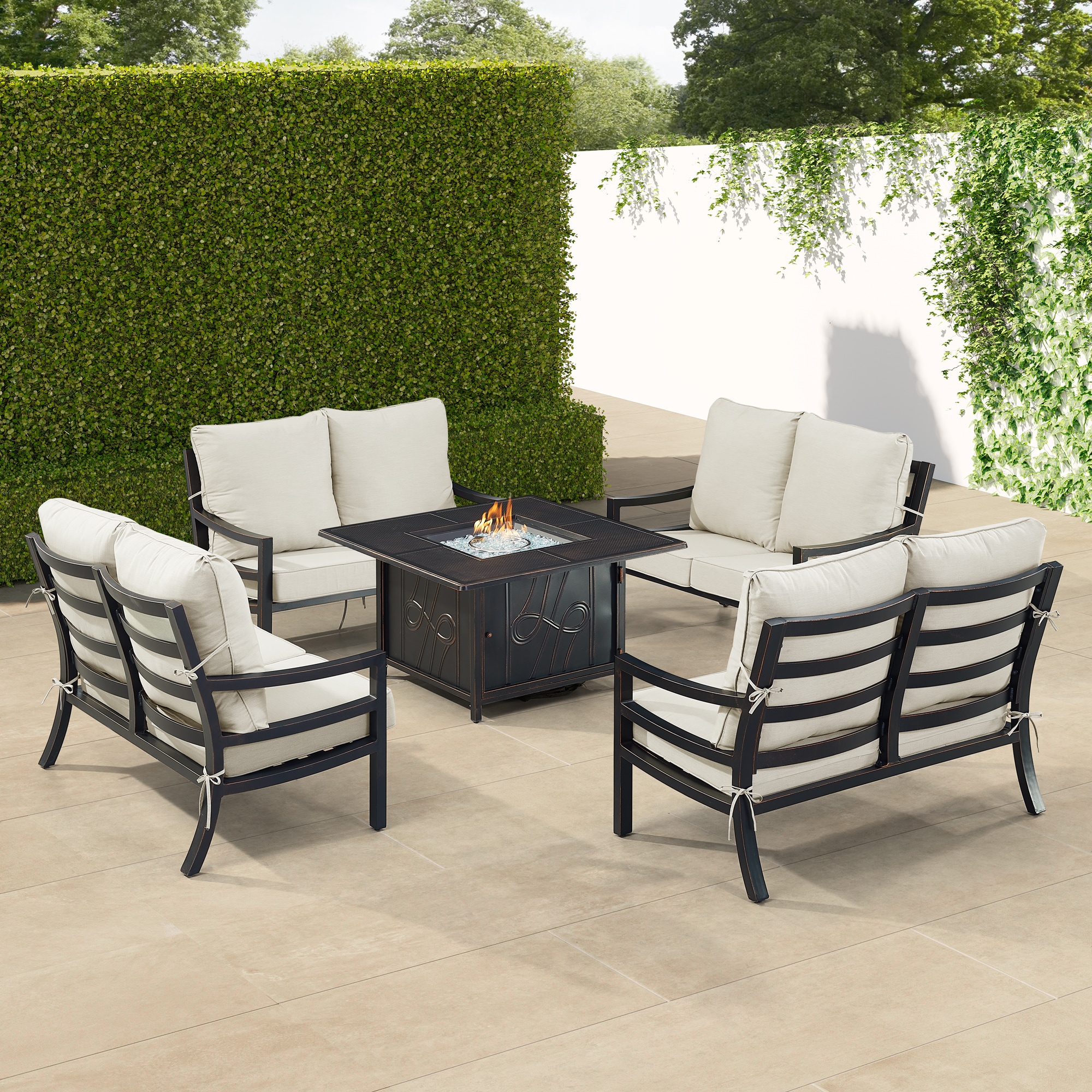 Oakland Living HUDSON4LSREGISLGCU Fire Pit Table Set, Four Loveseats and Wind Guard 24 -Piece Patio Conversation Set with Gray Cushions