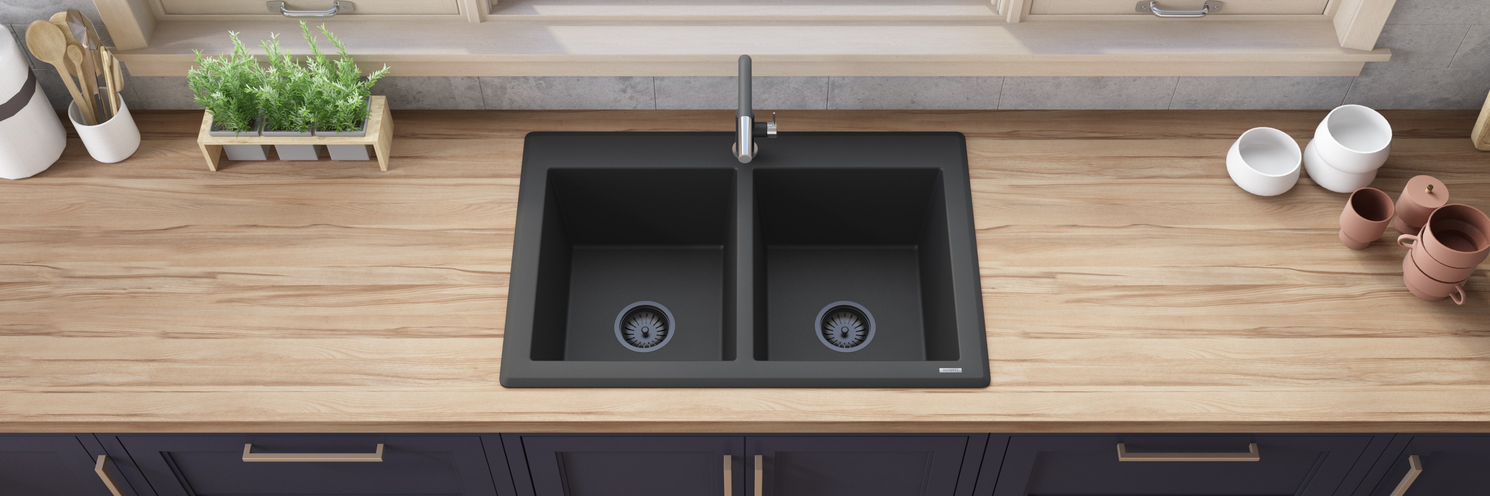 Midnight Black Granite Composite Double Bowl Drop-In Sink
