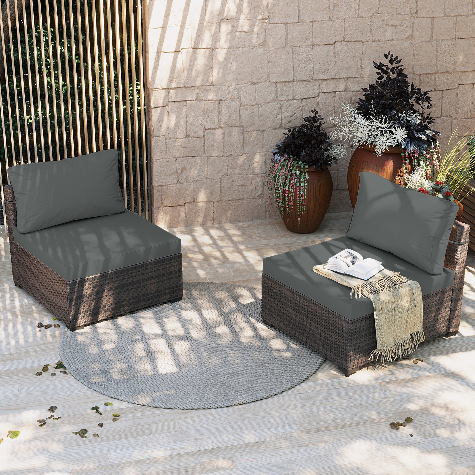 UPHA T4Y-GRAY 2 Person Patio Armless Conversation sofa set with Gray Cushions 2 -Piece Rattan 2 Patio Sofa Conversation Set with Dark Gray Cushions