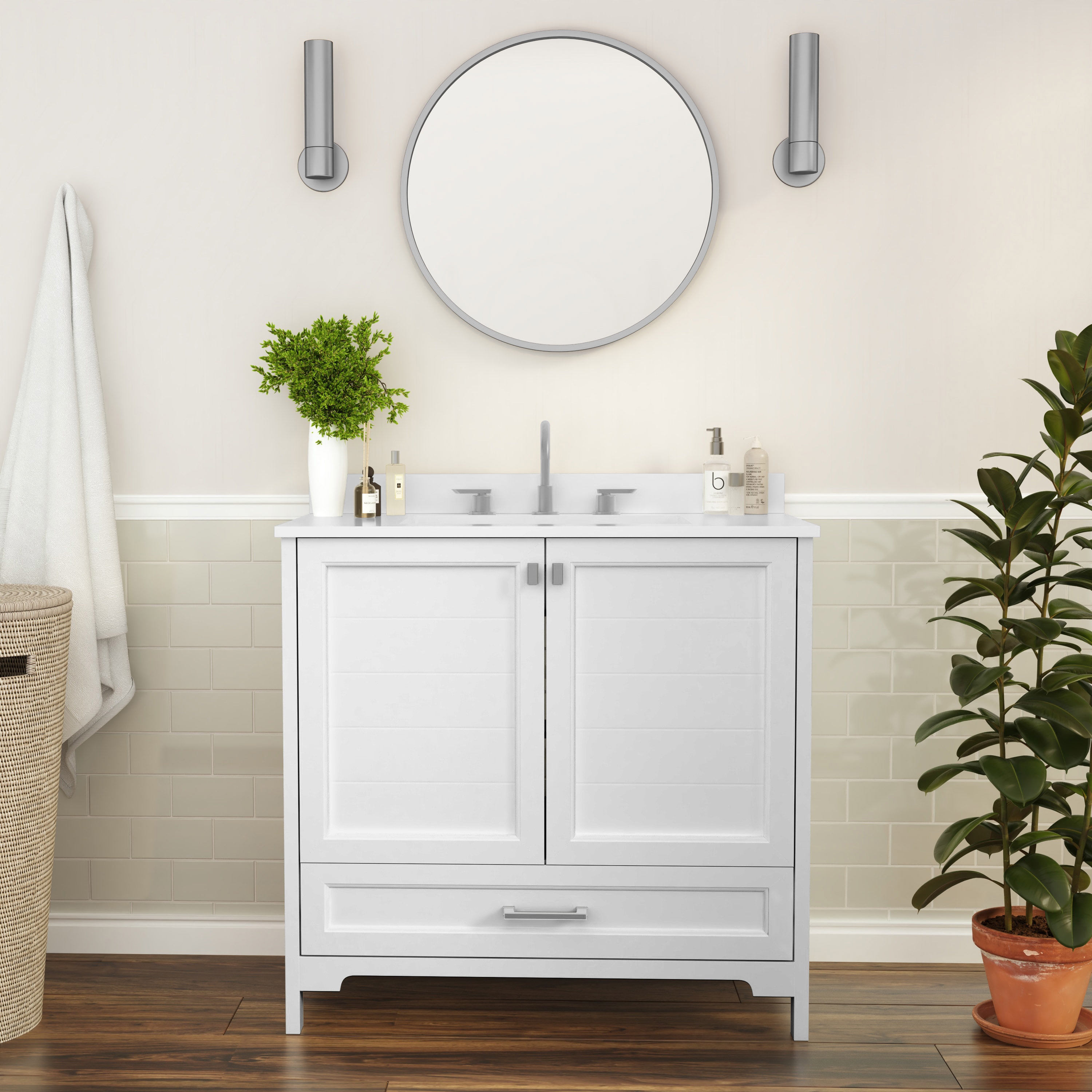 Flash Furniture 196861170065 Haven 36 Inch Bathroom Vanity with Sink; Storage Cabinet with Soft Close Doors and Bottom Drawer; Carrara Marble Finish Countertop; White