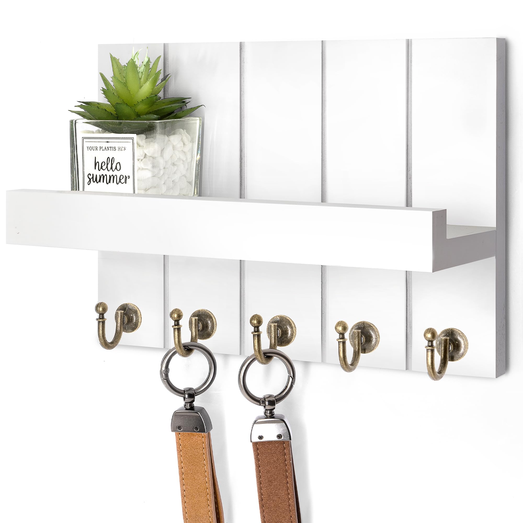 Afoxsos  Decorative Wall Mount Key Holder with Shelf and Five Hooks Rustic White Wood Mail Organizer for Entryway Living Room Kitchen
