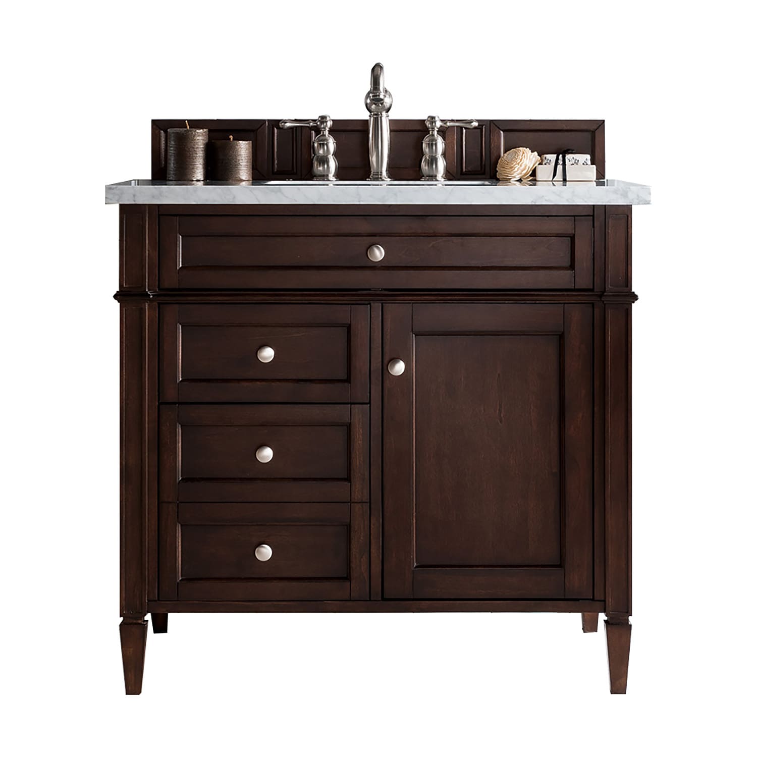 James Martin Vanities 650-V36-BNM-3CAR Brittany 36-in Burnished Mahogany Undermount Single sink Bathroom Vanity with Carrara Marble Marble Top