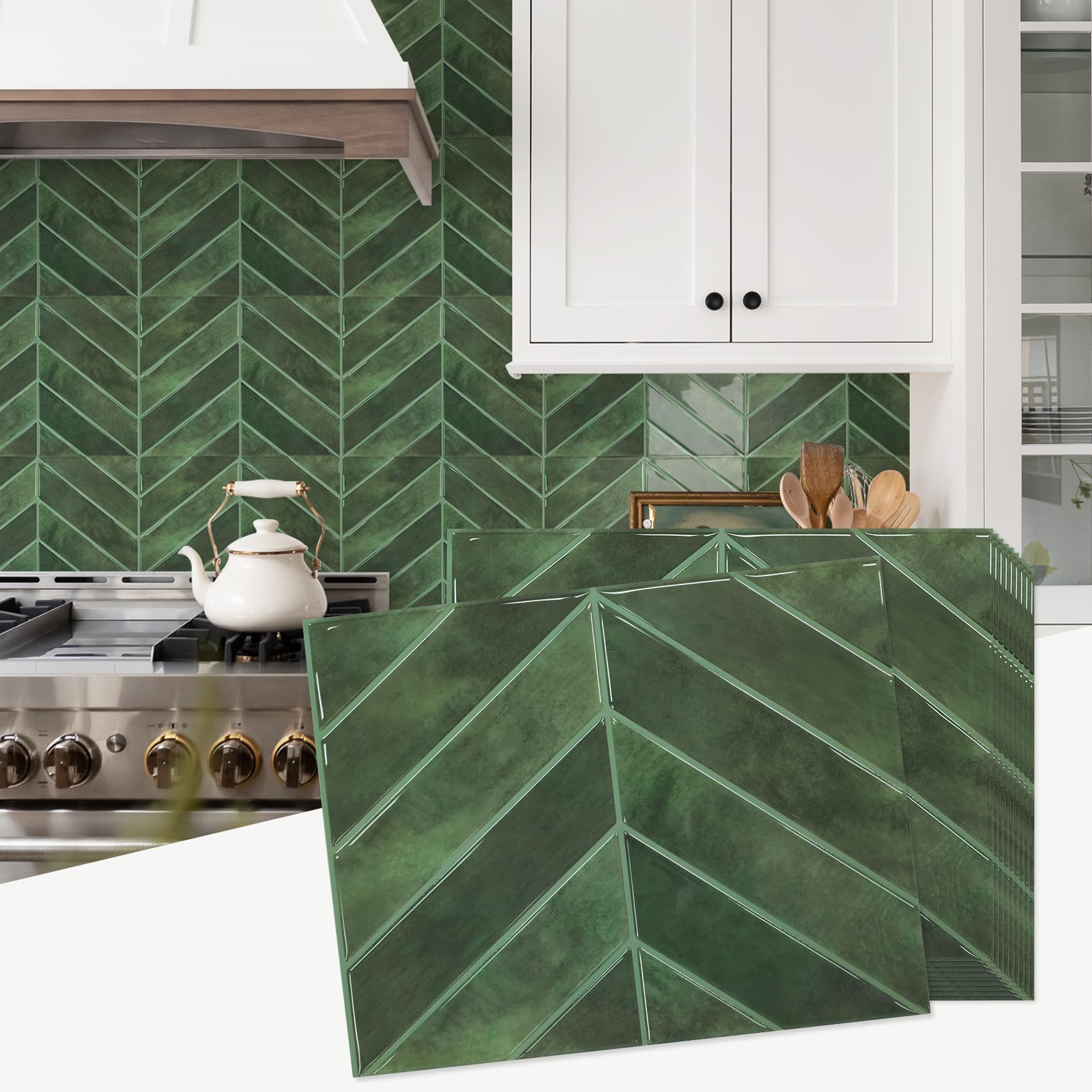 Yichuhaoxi  10 Sheet Thicker Herringbone Peel and Stick Backsplash Tile Green Self Adhesive Wall Tile Sticker for Kitchen Bathroom Waterproof