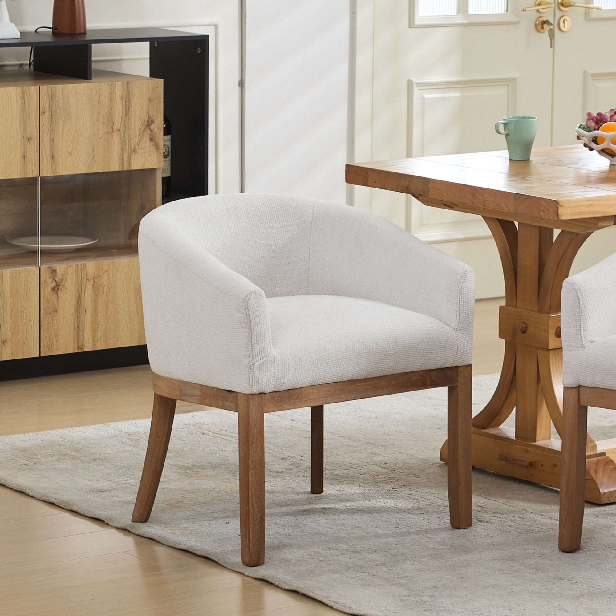 LOVMOR Mid Century Modern Upholstered Barrel Dining Chairs with Arms Farmhouse Linen Kitchen and Dining Room Chairs with Natural Hardwood Frame 19inch W Accent Chairs for Living Room Single Pack Beige