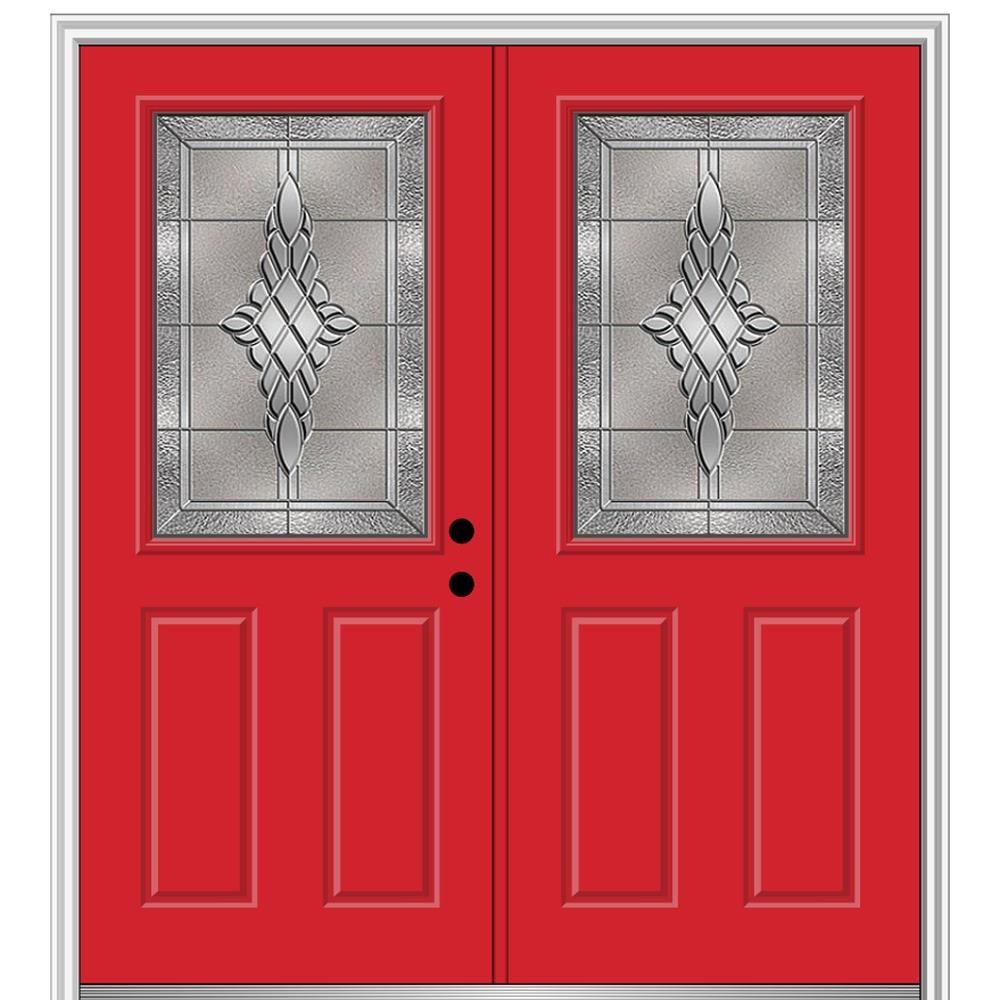 MMI DOOR ZZ366163L 64-in x 80-in x 6-9/16-in Fiberglass Half lite Left-hand inswing Red Saffron Painted Prehung Double Front Door with Brickmould Insulating core