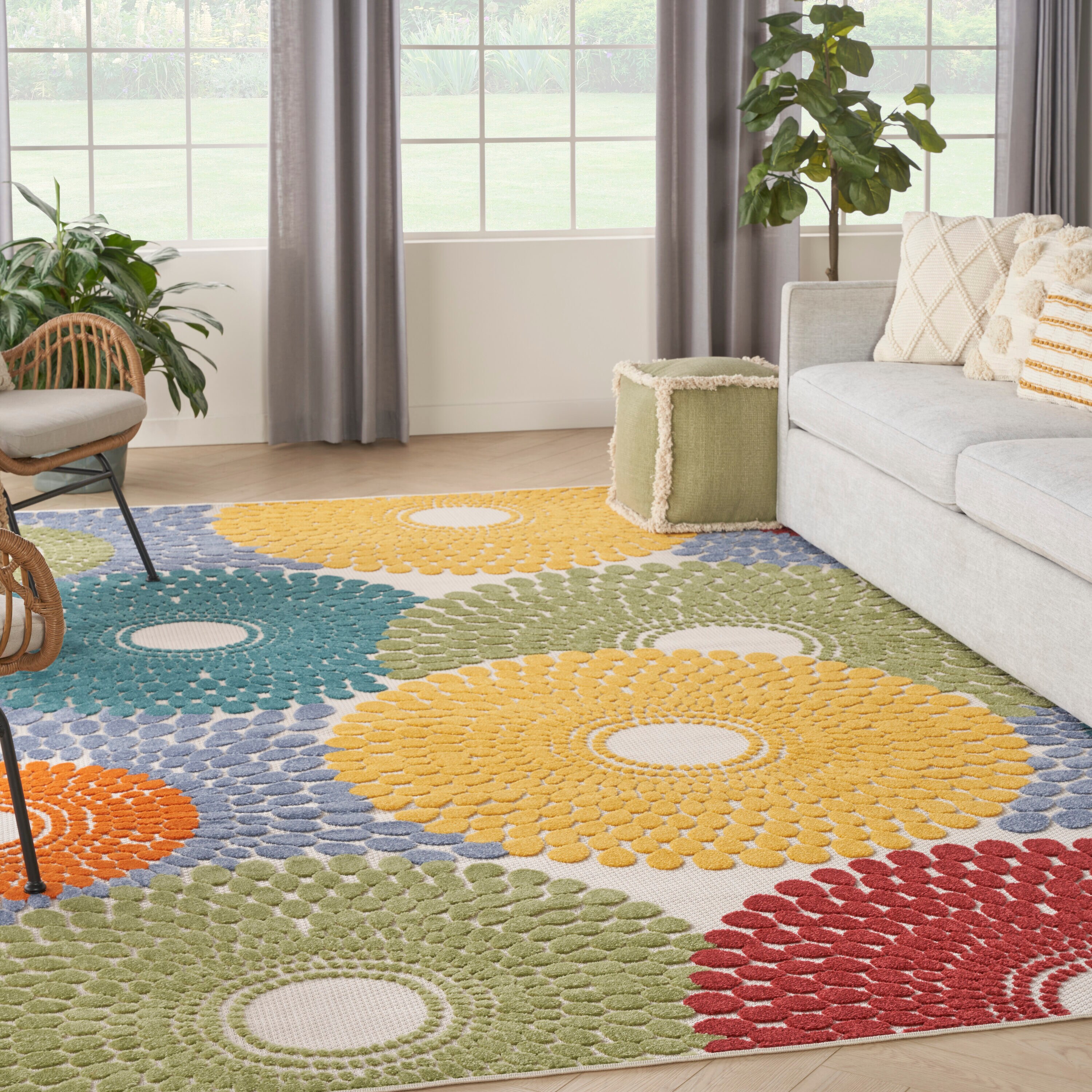 Nourison 099446167651 Aloha 9 x 12 (ft) Loomed Polypropylene Multicolor Rectangular Indoor/Outdoor Medallion Mid-Century Modern Area rug