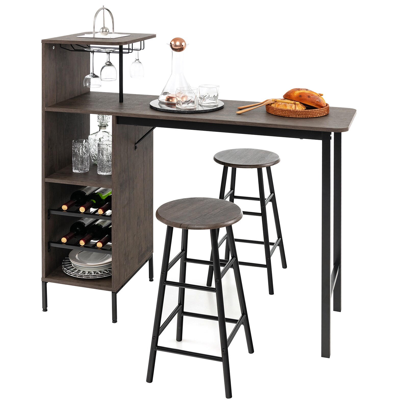 Slickblue D-CO-NB96601VJ Brown MDF Metal Industrial 3-Piece Bar Dining Room Set with Table and 2 Stools 6-Bottle Wine Rack (Seats 2) for Kitchen Home Bar Café or Restaurant