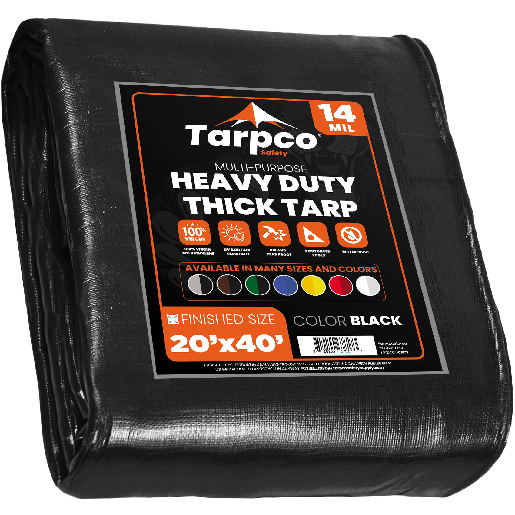 Tarpco Safety TS-106-20X40 20-ft x 40-ft Black Waterproof Commercial Polyethylene 14-Mils Tarp