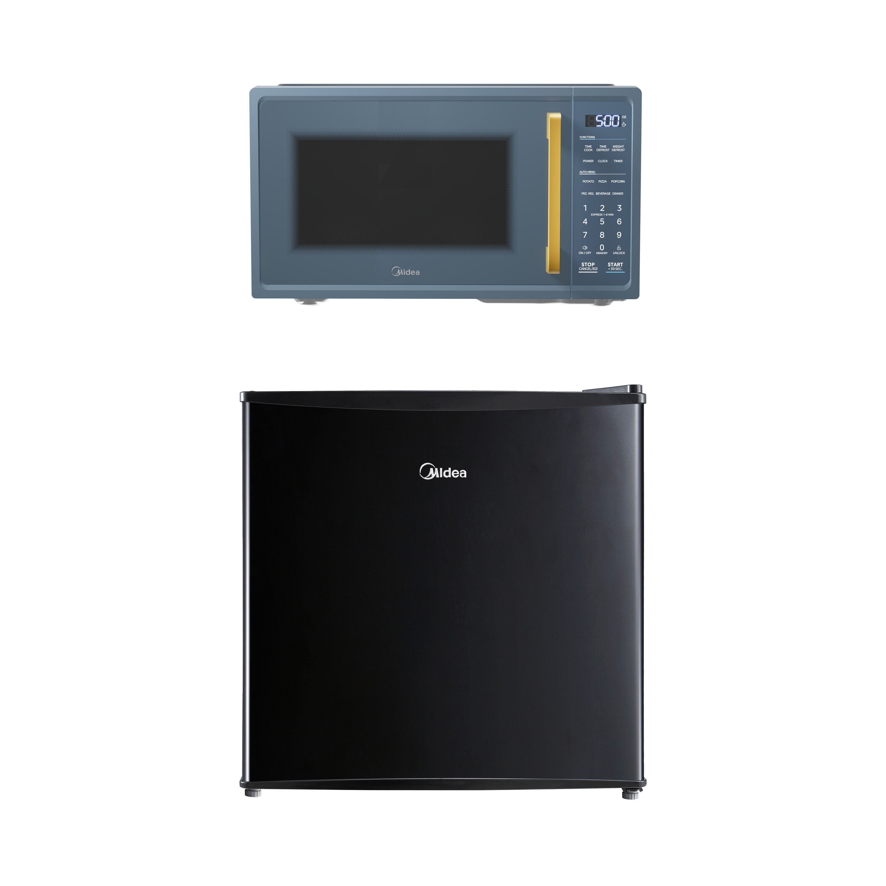 Midea Dorm Essentials Bundle: 1.7-cu ft Black Mini Fridge with 0.9-cu ft Midnight Blue Countertop Microwave