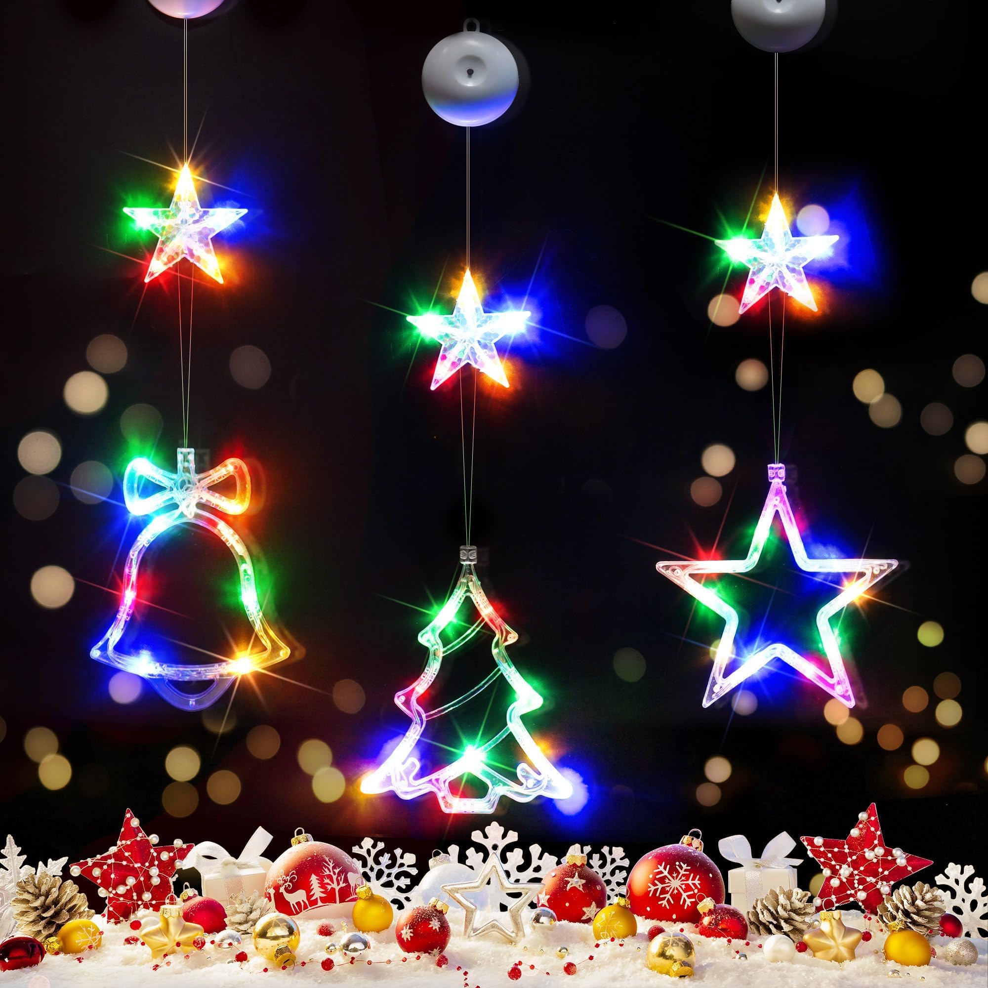 KIWDZFU  power cell Operated Christmas Window Lights with Timer Star Bell Tree Shaped Indoor Hanging Decorations with Suction Cup Hooks
