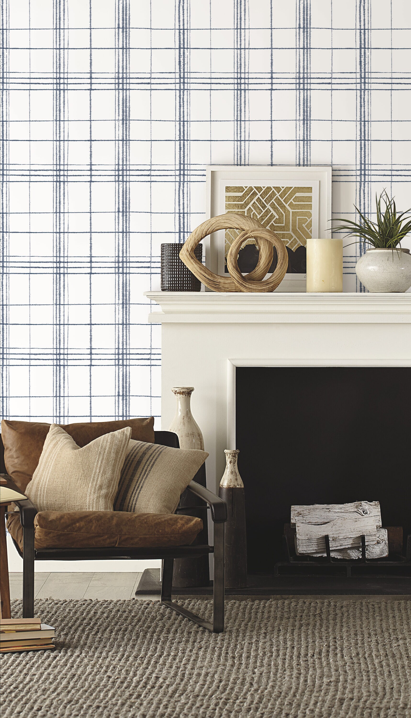 York Wallcoverings Simply Farmhouse 56.4-sq ft Navy Non-woven Plaid ...