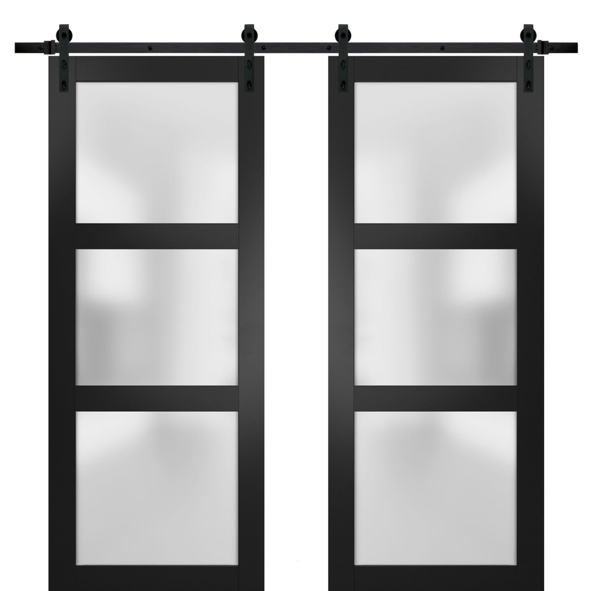 SARTODOORS Interior Double Barn Doors - Lucia 2552 Black Matte -84x96 -Frosted Glass-Black Rail