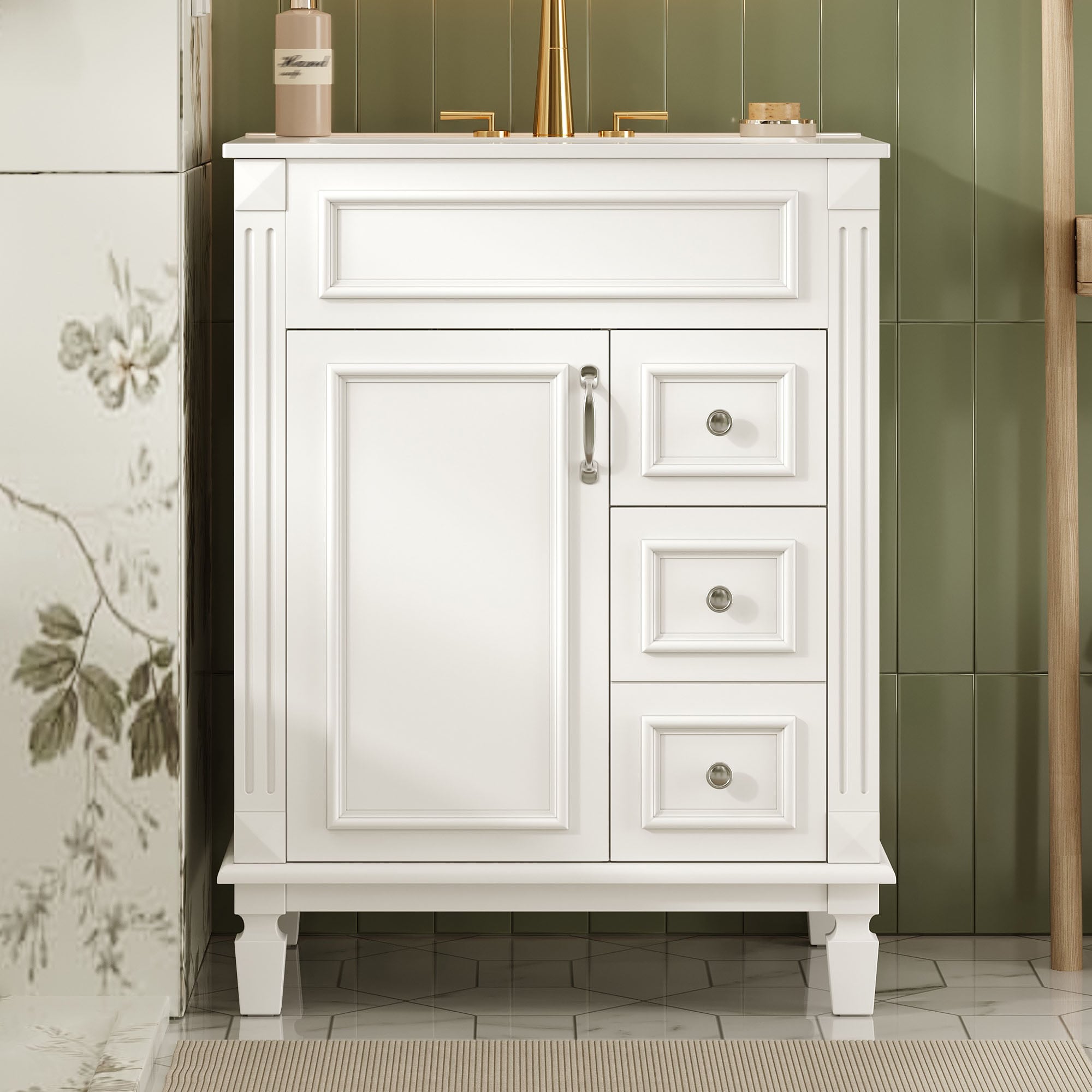GDFStudio 24 Inch Small Bathroom Vanity Cabinet with Ceramic Sink with 2 Drawers and Adjustable Shelf White