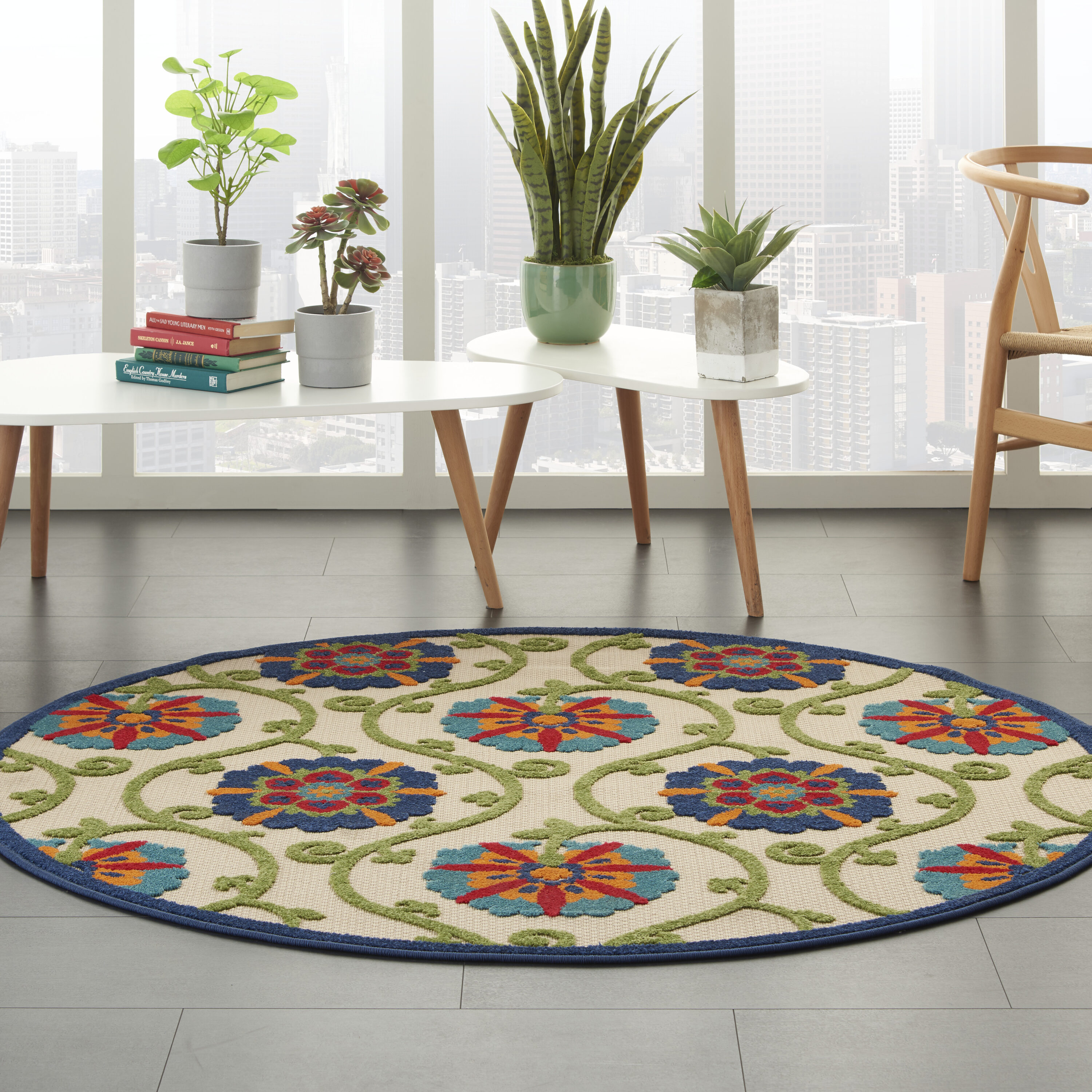 Nourison 99446498717 Aloha 4 x 4 (ft) Loomed Polypropylene Blue/multicolor Round Indoor/Outdoor Floral/Botanical Coastal Area rug
