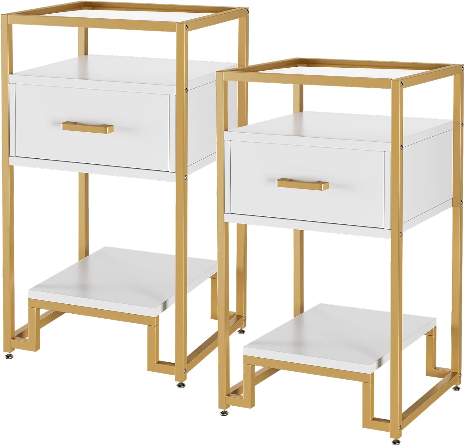 Qeetex LHF-BZ-PHO-0XXD8V9G Nightstand Set of 2 End Table with Storage Drawer and 3-Tier Storage and Tempered Glass Top Bedside Furniture with Steel Frame Side Table for Bedroom Dorm Easy Assembly - White