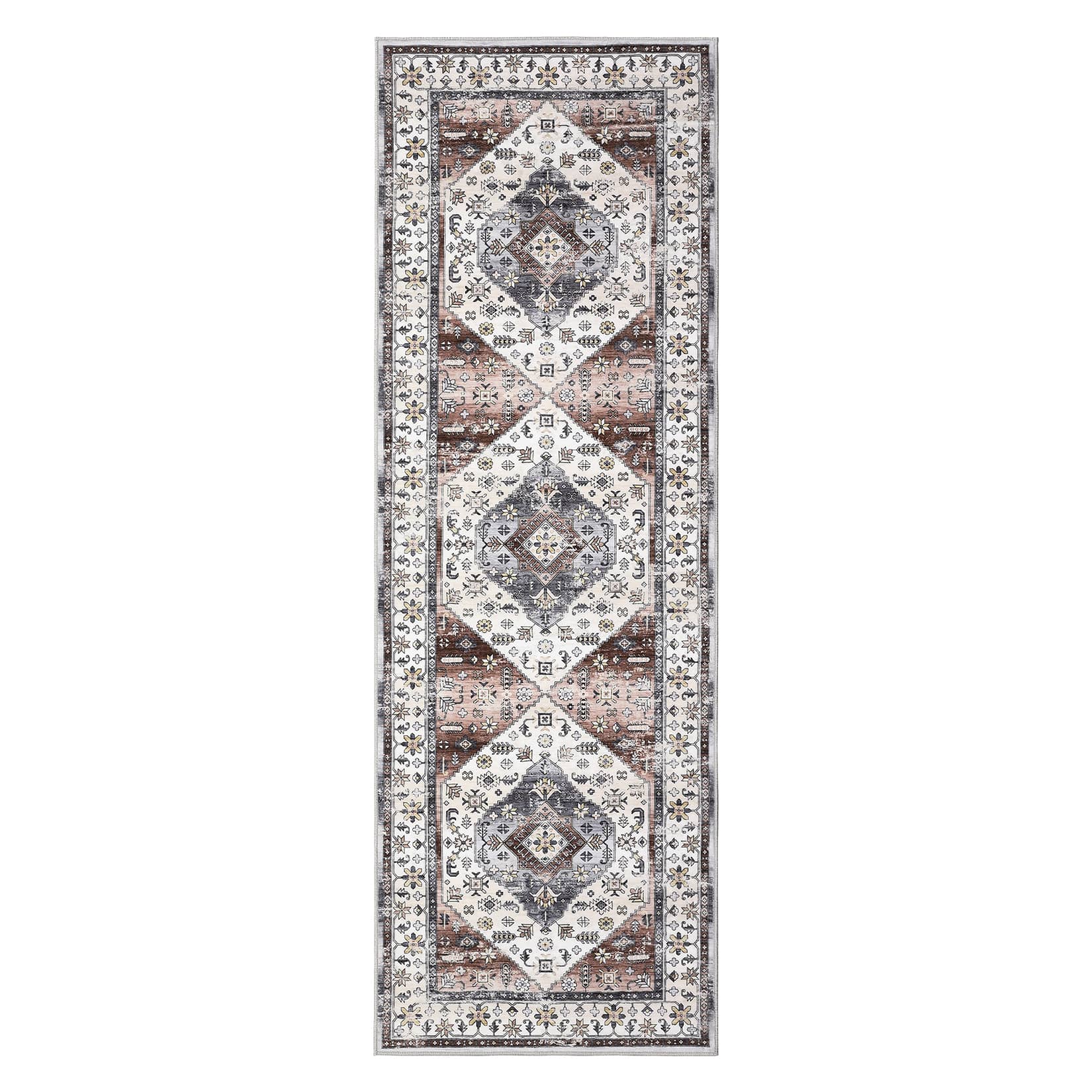 Qeetex LSN-PHO-14TNHBZW 2 x 6 ft Polyester Imitation Cashmere Dark Red Rectangular Hallway Bathroom Entryway Kitchen Office Foldable Flower Printed Persian Washable Area Rug