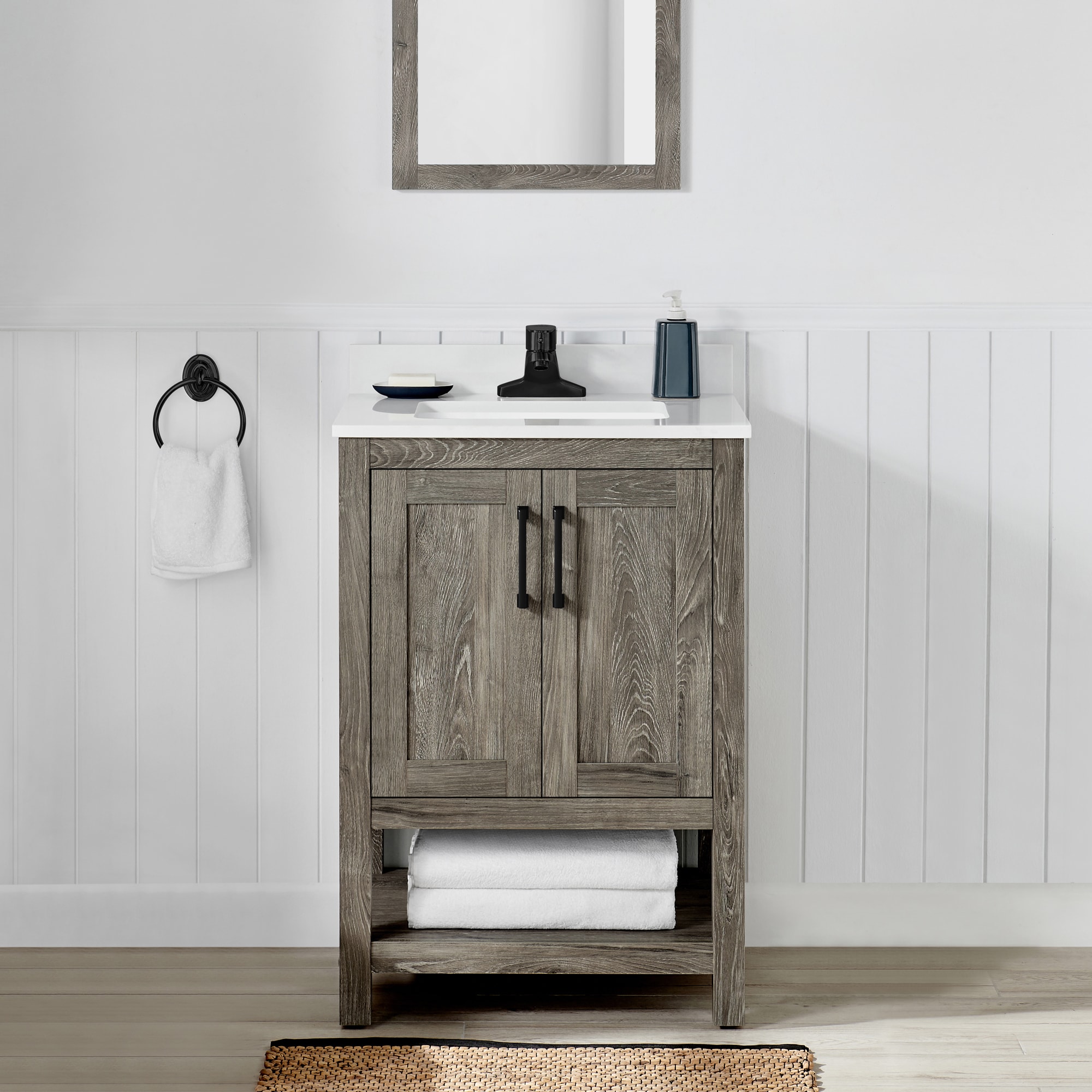 Style Selections Dolton 24-in Natural Oak Undermount Single Sink Bathroom Vanity with White Engineered Stone Top (Mirror Included)