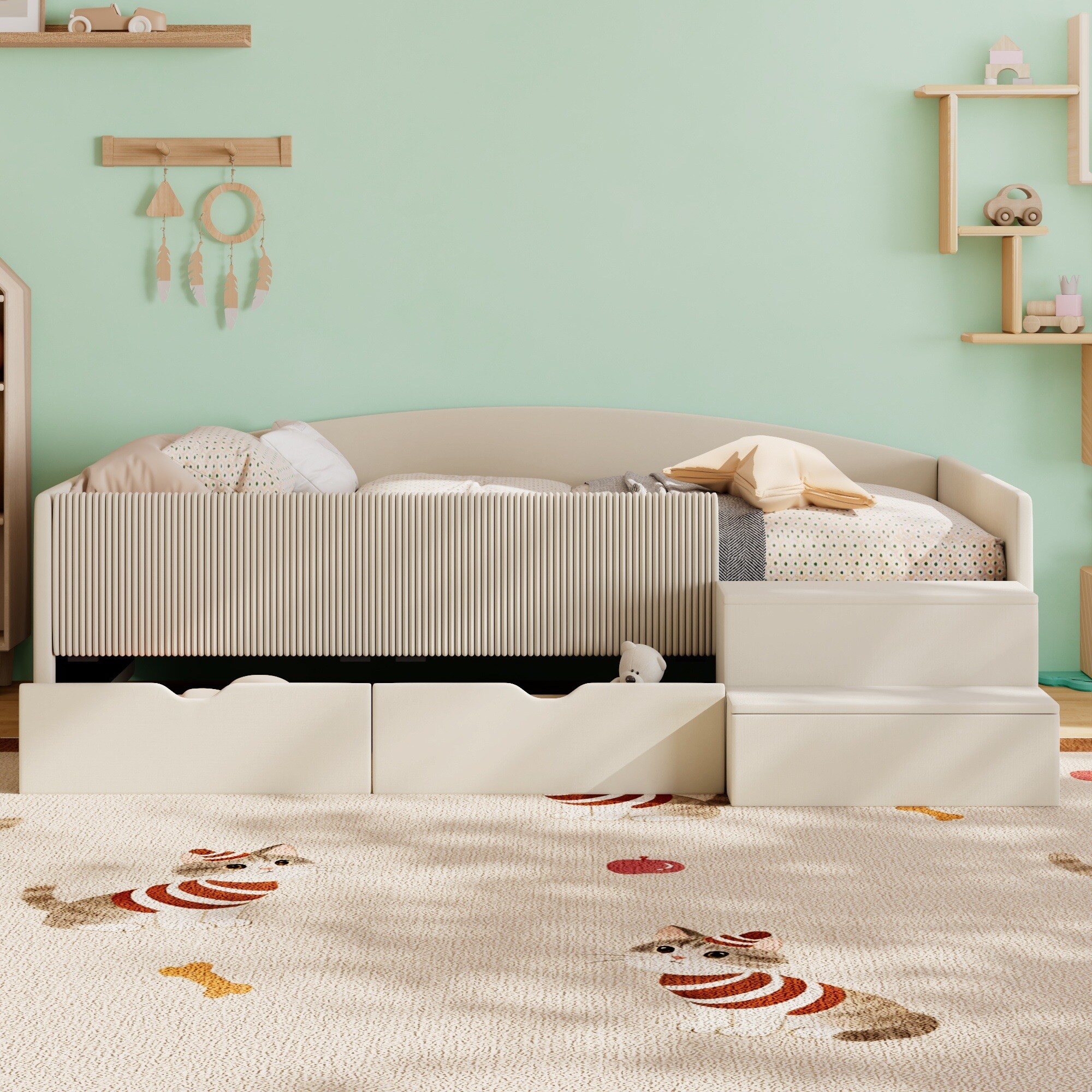 Horizons Prime - Twin Size Beige Corduroy and Velvet Upholstered Daybed Frame with 2 Storage Drawers