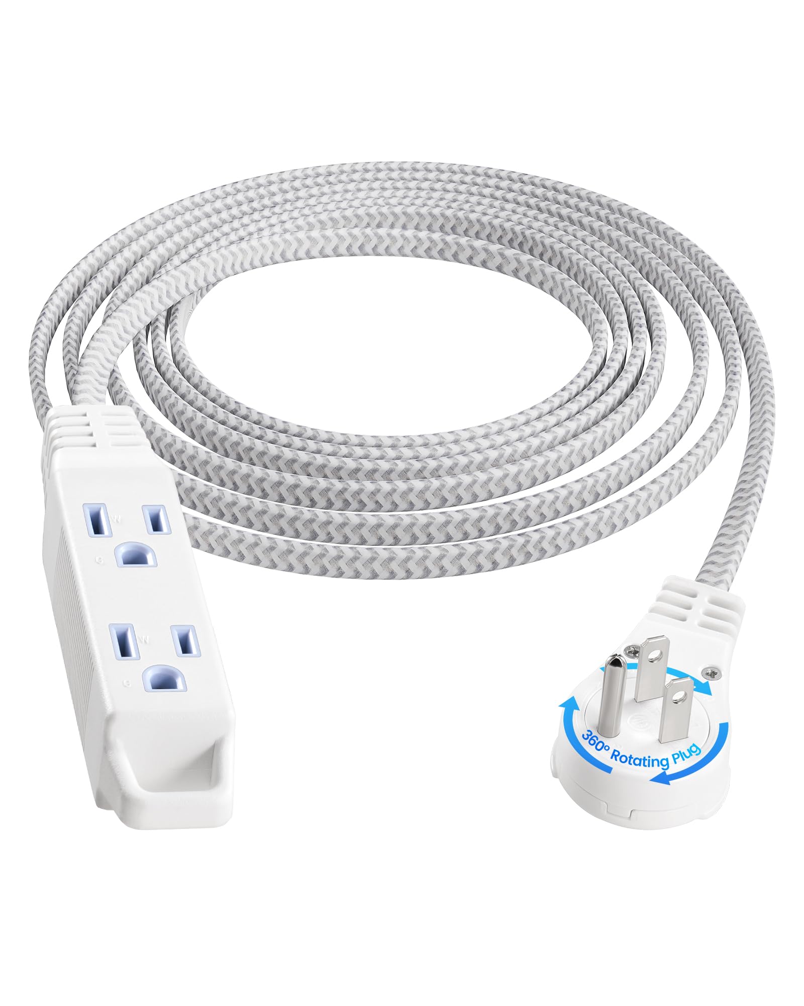 AOIZGMY  10FT 360 Degree Rotating Flat Plug Extension Cord with 3 Outlets Braided Flat White Cord for Indoor Use Home Office 16 3C SPT ETL Listed
