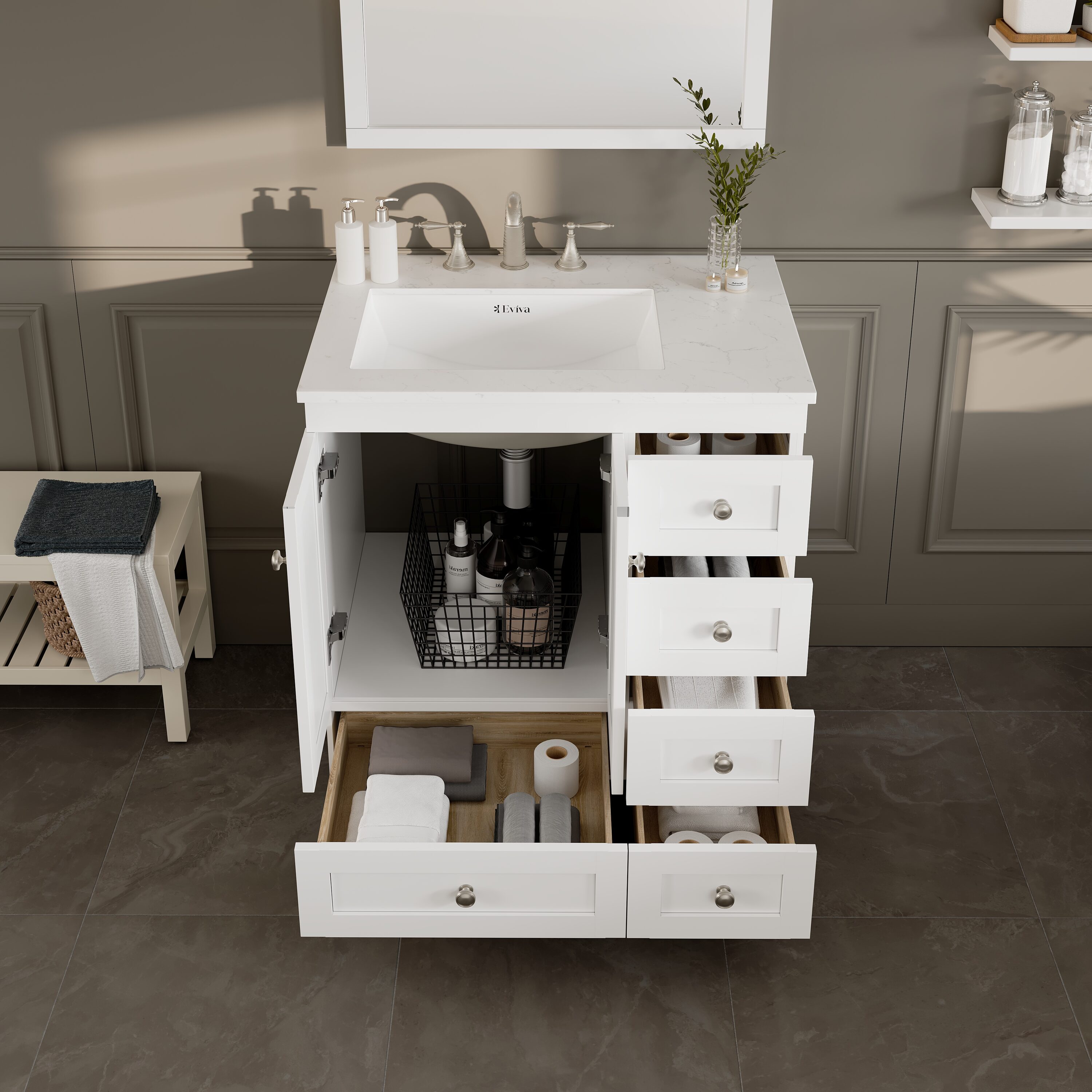 Eviva Acclaim 30" White Marble Bathroom Vanity with Porcelain Sink