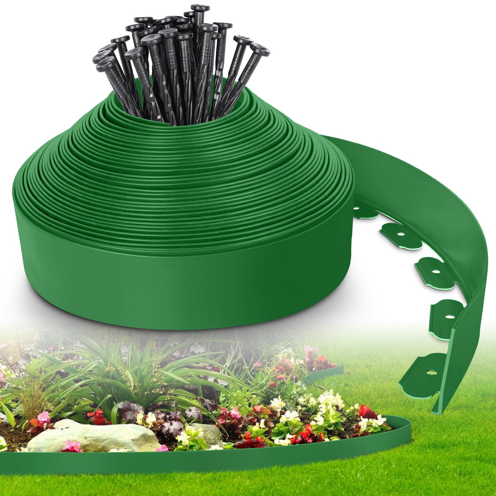 Adrinfly  4 Inch by 50 FT Landscape Edging Border with 75 Spikes Flexible Plastic Garden Lawn Yard Pathway Paver Edging Green