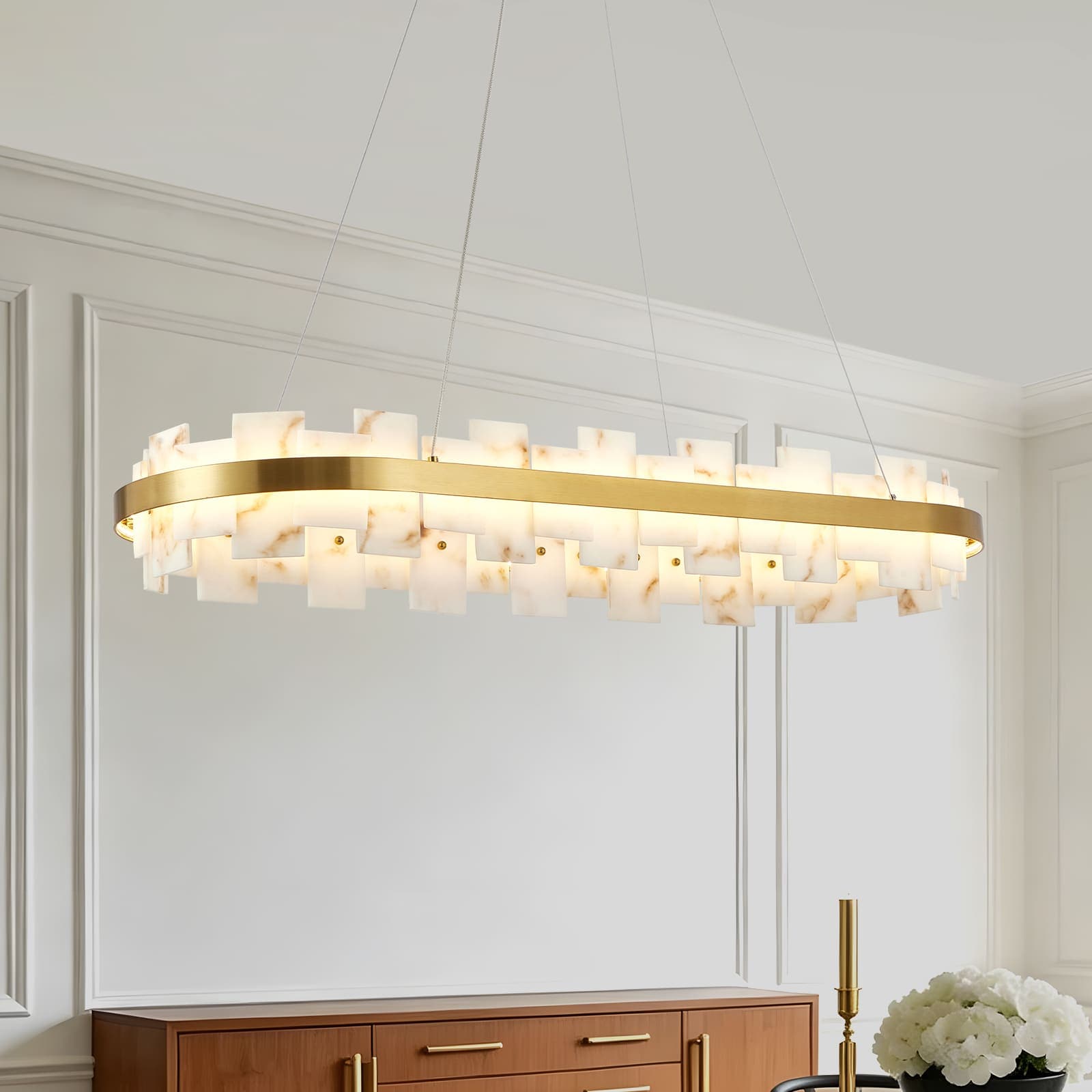 JCFL 46.8 Inch Rectangle Modern Luxury Alabaster Linear  Adjustable Flushmount Chandelier in Natural Spanish Stone
