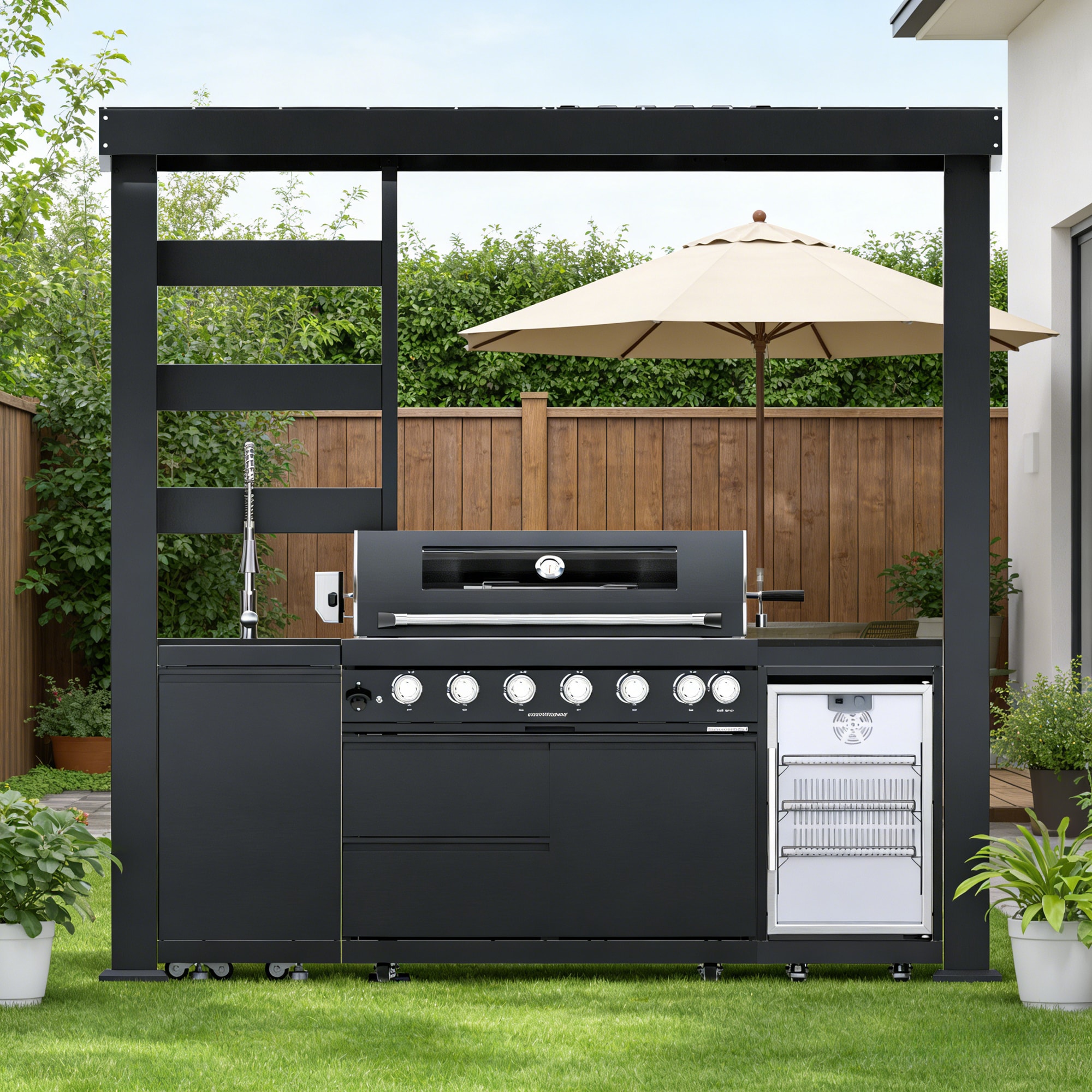 Vynxaria 94-in 6-Burner Gas Outdoor Kitchen Island 85000 BTU Granite Countertop Refrigerator and Rotisserie Roof Included #LS0504-W3190-061
