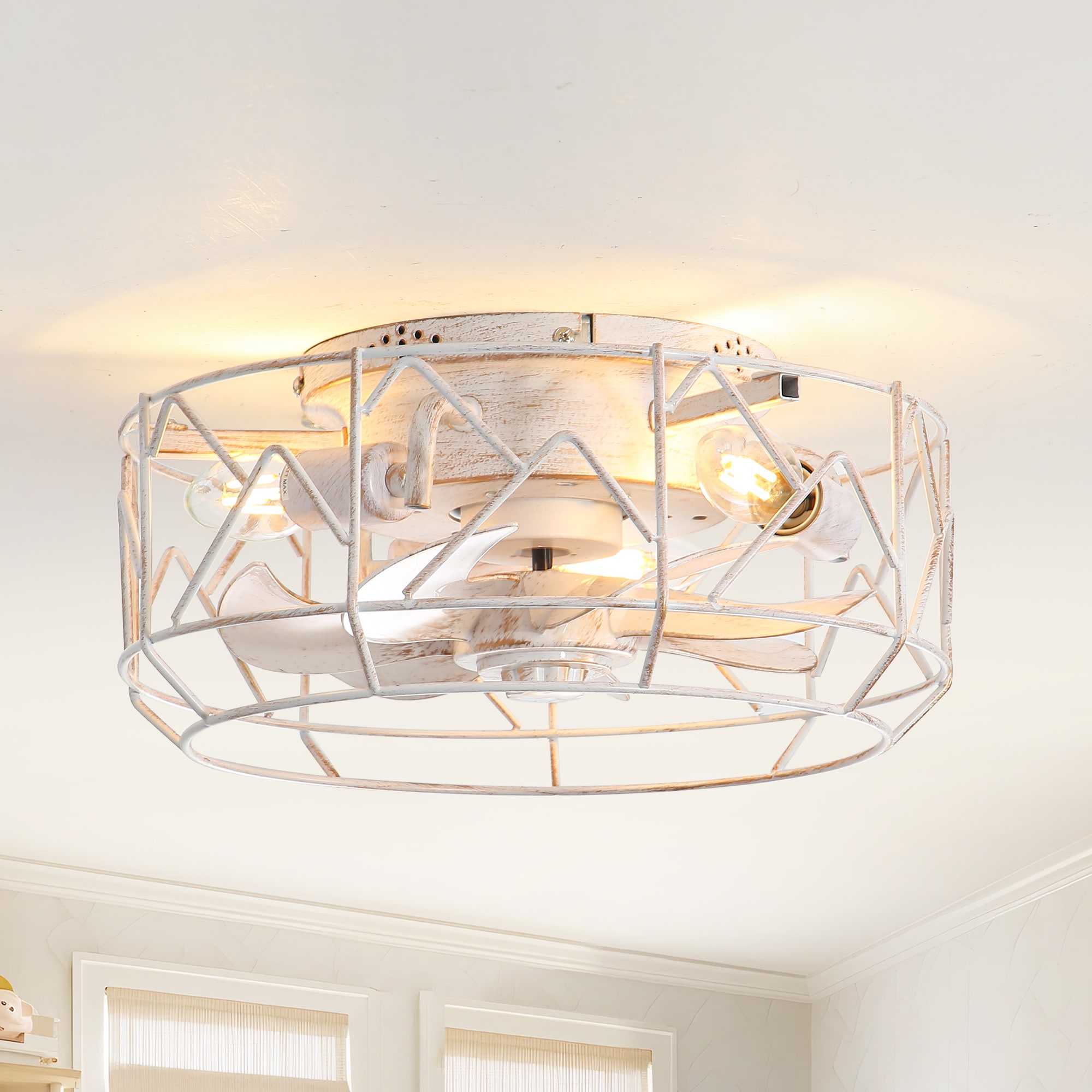 Breezary 35026-WG 13-in Flush Mount Distressed White and Gold with White Blades Fandelier Ceiling Fan With Light - Remote Included ( 7 -Blade )